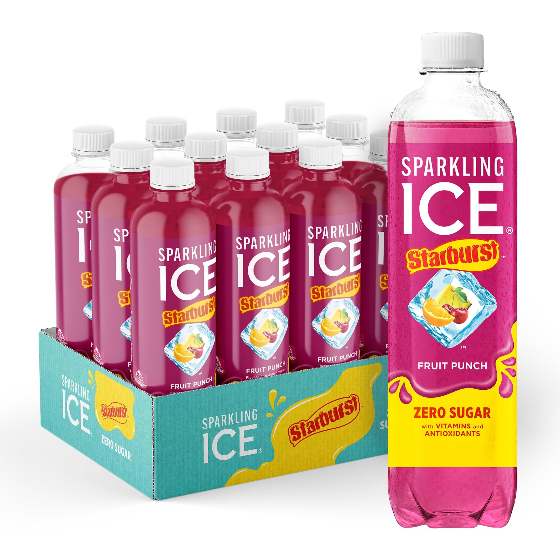 Sparkling Ice STARBURST Fruit Punch, Zero Sugar Flavored Sparkling Water, with Vitamins and Antioxidants, Low Calorie Beverage, 