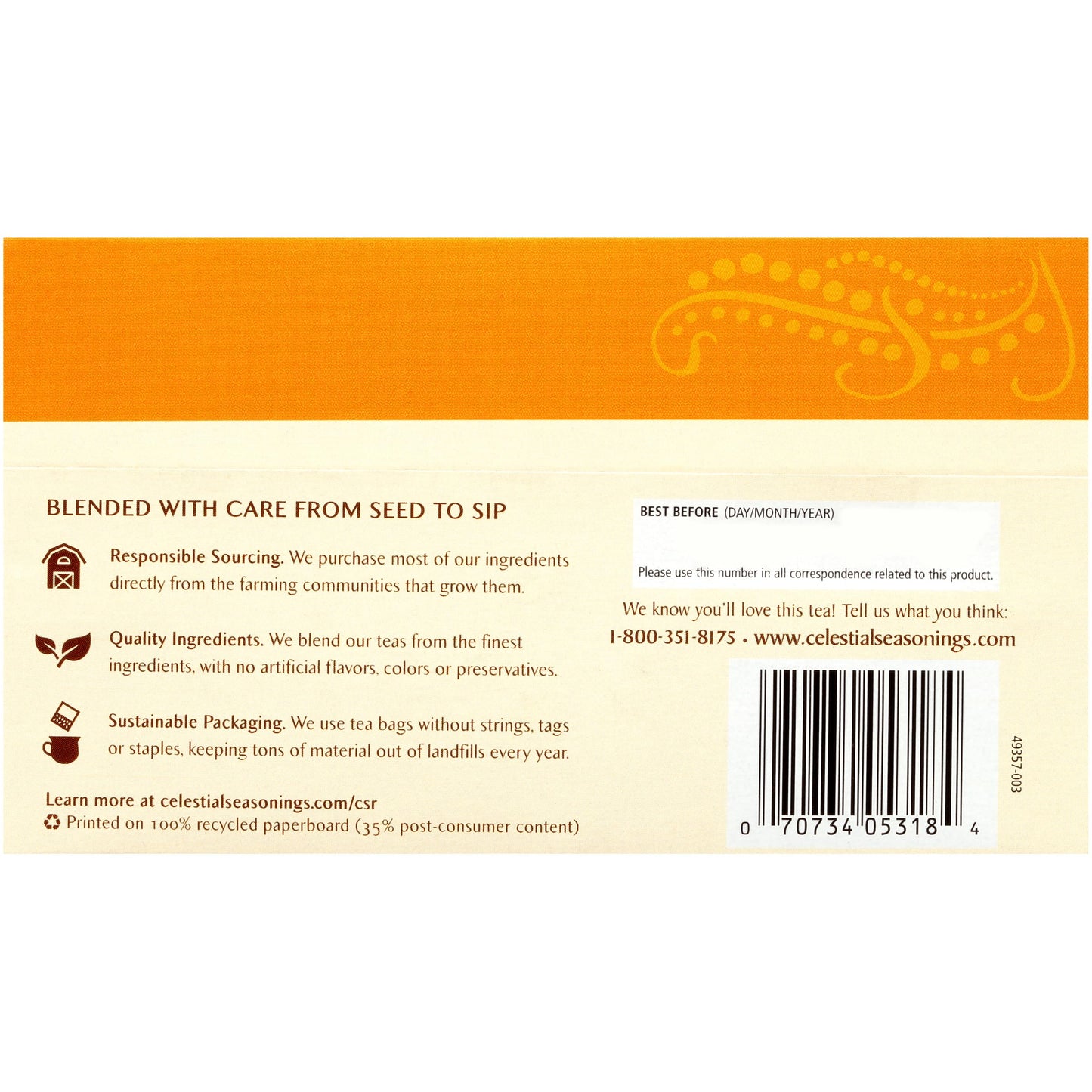 Celestial Seasonings Tangerine Orange Zinger Herbal Tea, Caffeine Free, 20 Tea Bags, 20 Count