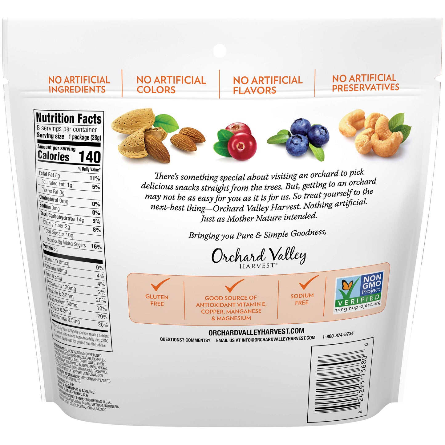 Orchard Valley Harvest Antioxidant Mix, 1 Ounce Bags (Pack of 8), Almonds, Cranberries, Blueberries, Cashews, and Pepitas, Non-G