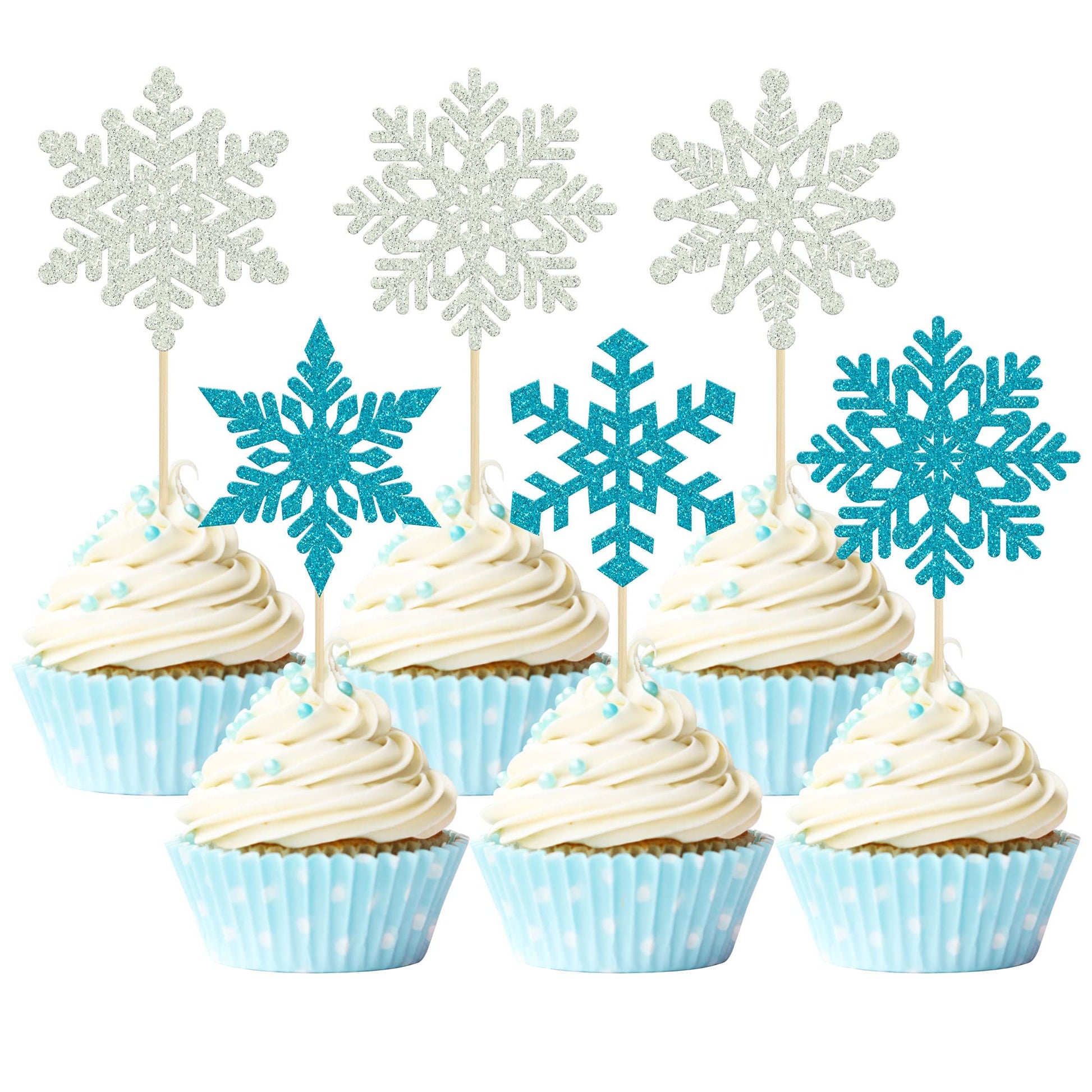 Gyufise 36 Pack Snowflake Cupcake Toppers Blue Silver Glitter Winter Frozen Theme Cupcake Picks Baby Shower Kids Birthday Party