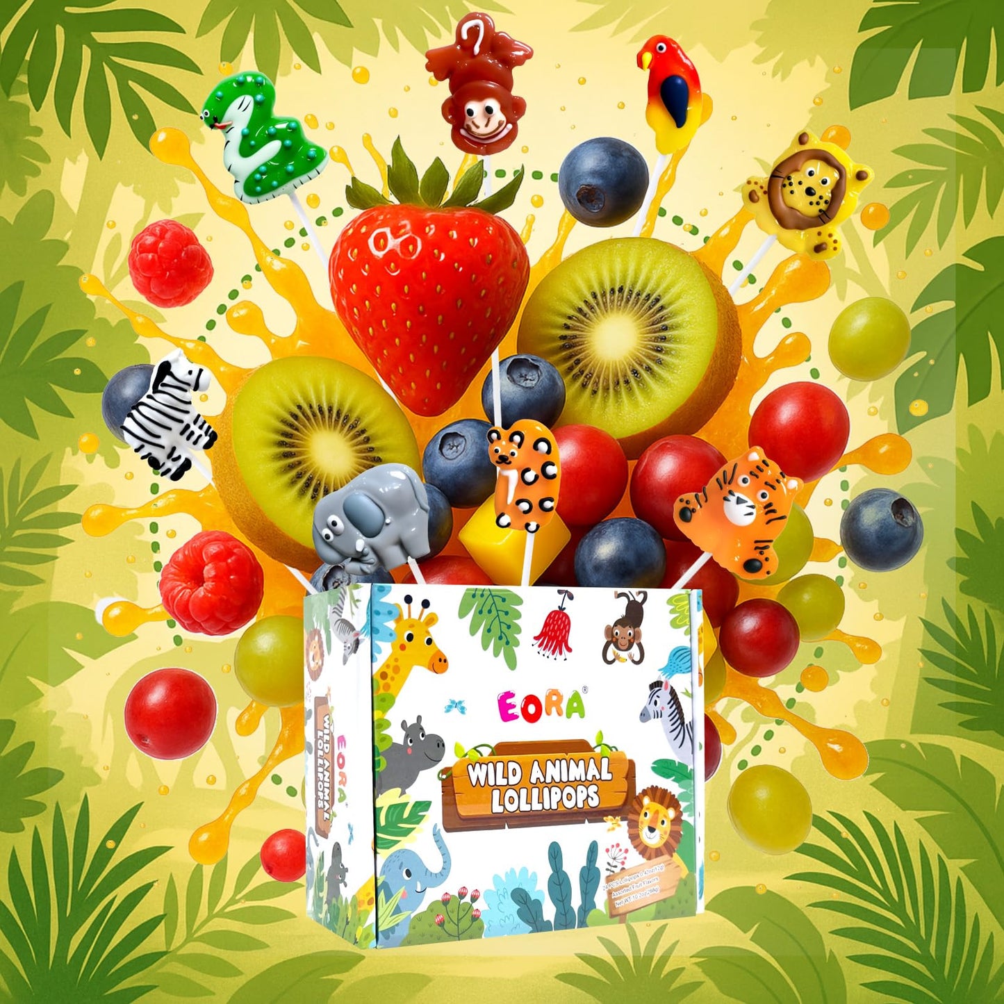 EORA Wildlife-Shaped Lollipops, 24 Pack, 8 Shapes & Flavors, Jungle Theme Candy, Multi-Color, Model YJLLH-WALA-12G24