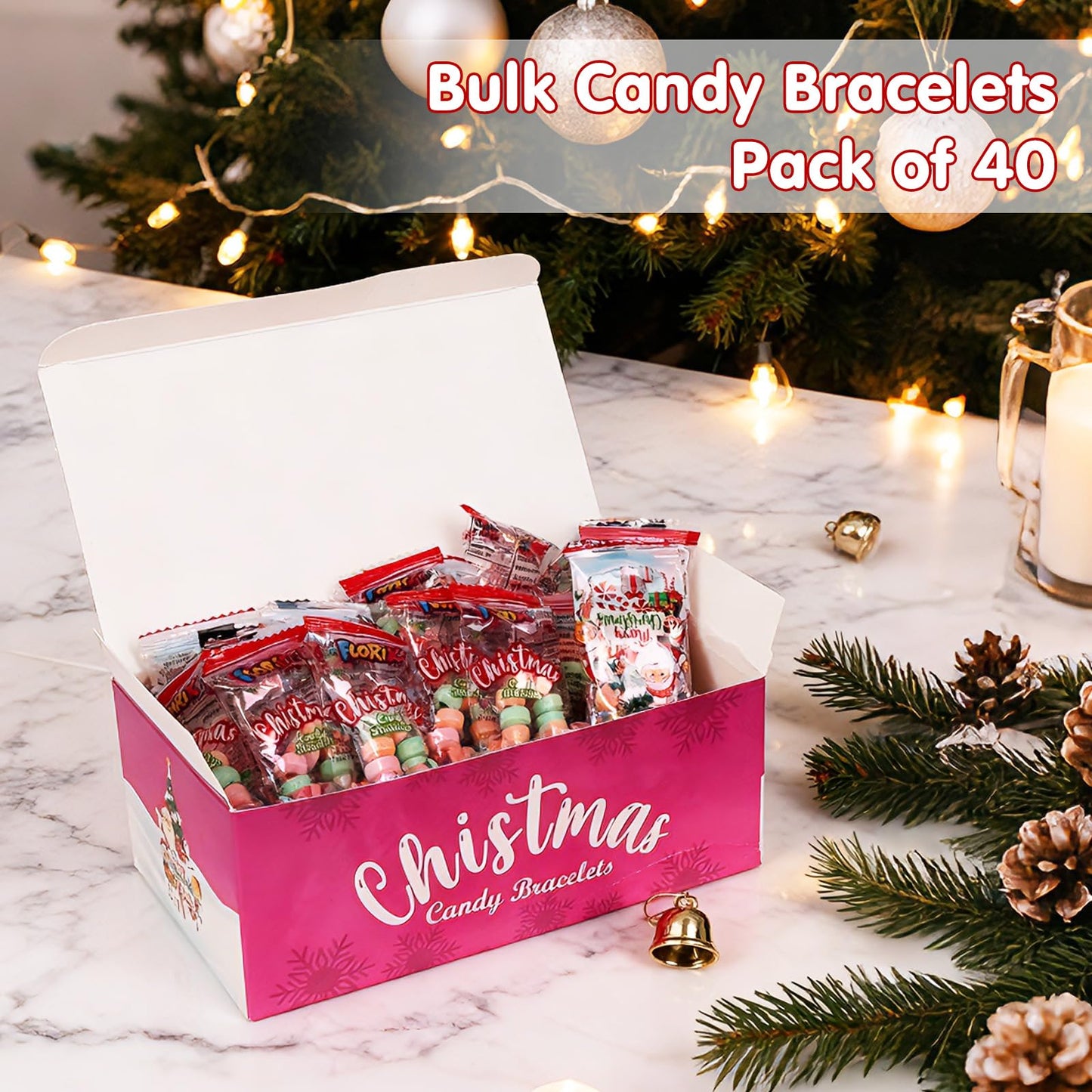 40 Pack Christmas Candy - Individually Wrapped Holiday Themed Candy Bracelets Bulk, Use for Stocking Stuffers(Santa, Christmas T