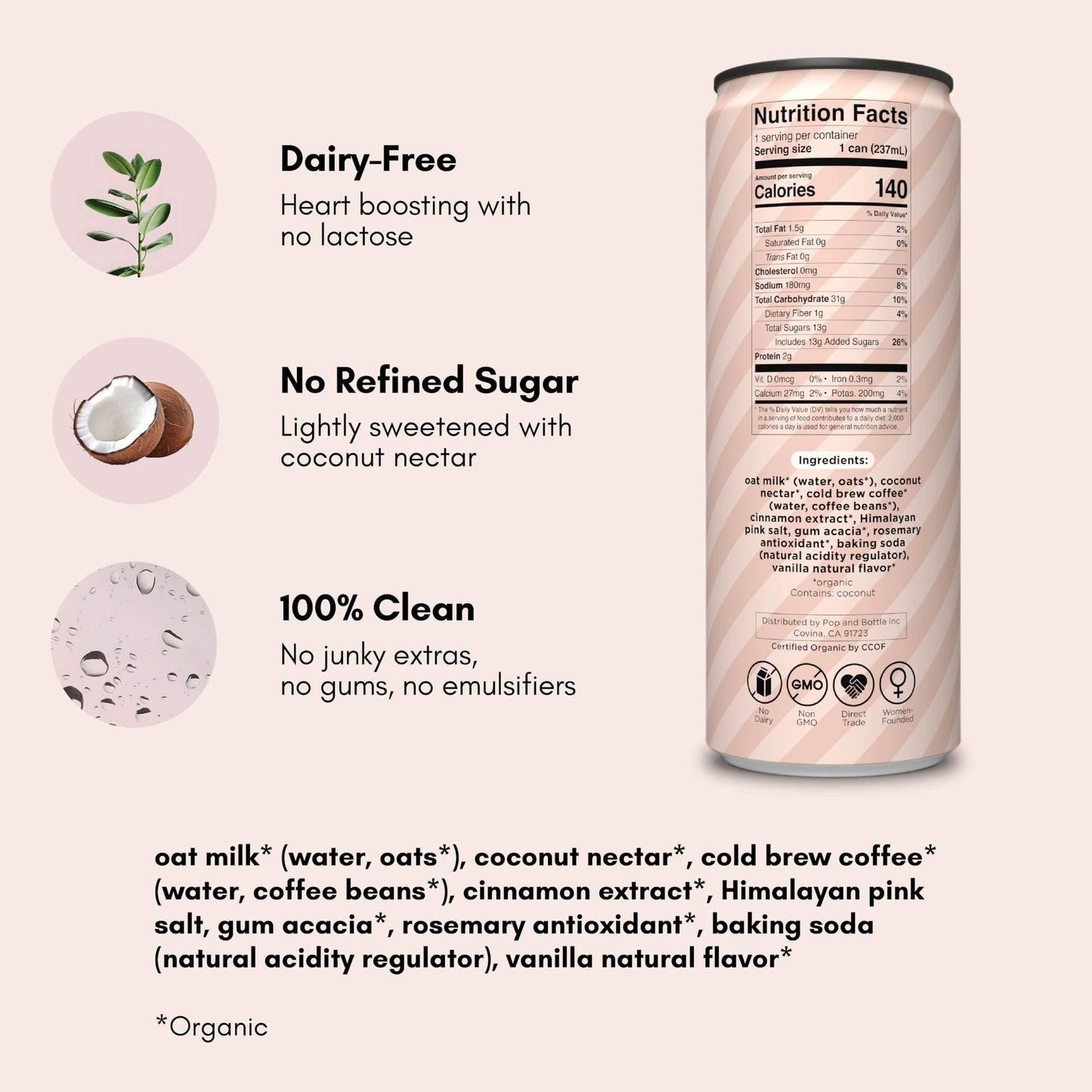 Pop & Bottle Oat Milk Lattes- Cold Brew  Cold Brew Coffee Cans  Canned Coffee  Iced Coffee  Organic  Dairy Free  Gluten Free  Lightly Sweetened with Coconut Nectar- Snickerdoodle  8 Fl Oz (12 Pack)