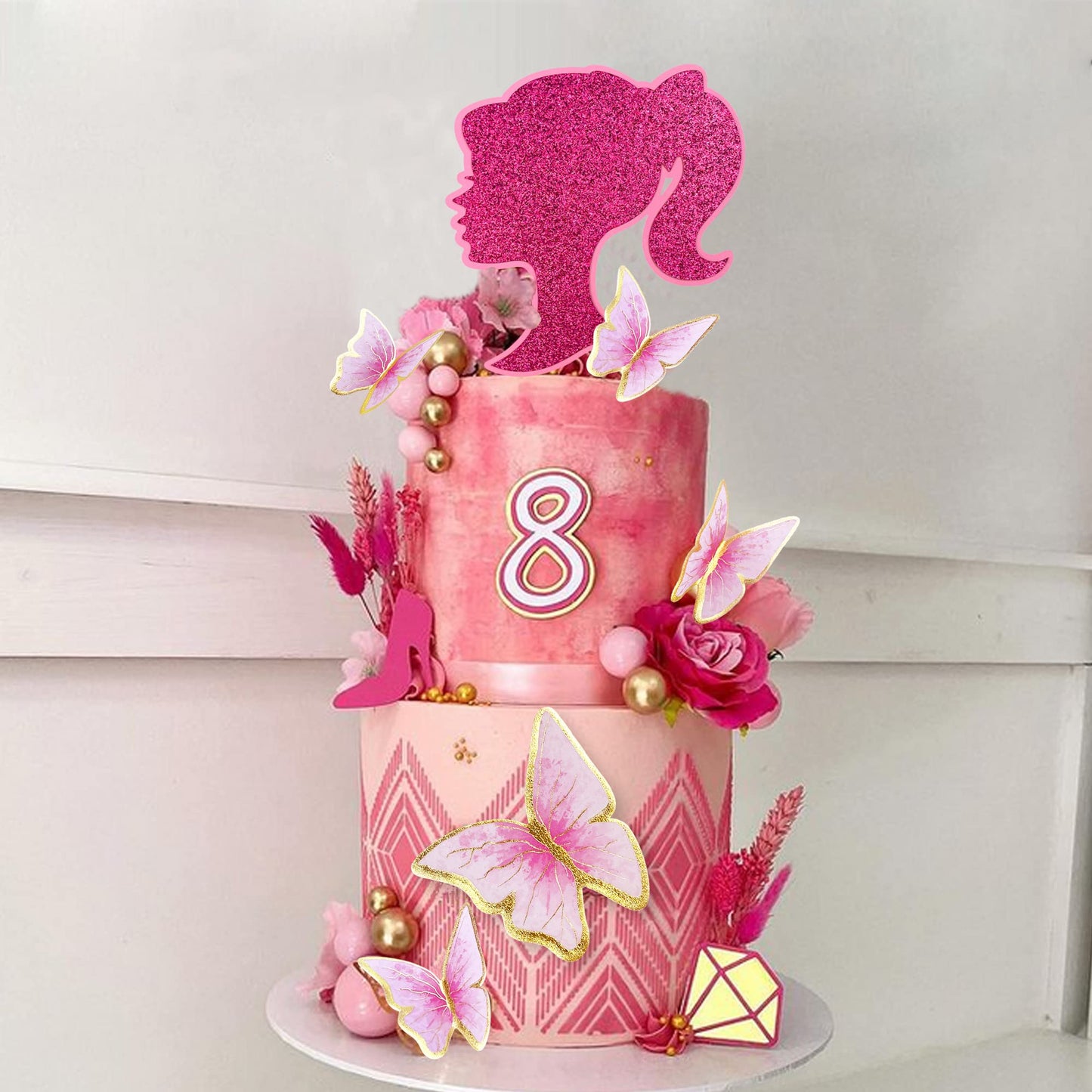 27 Pcs Hot Pink Girl Cake Toppers Pink Ball Cake Decoration Butterfly Cake Decoration Girl Theme Cake Decoration For Wedding Bir
