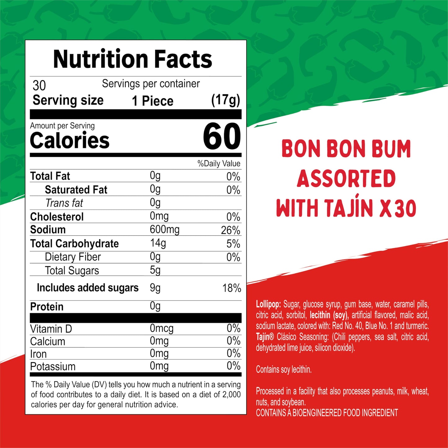 Colombina Bon Bon Bum Tajin Tropical Passion Fruit & Watermelon with Tajin Chile Lime Dip Dispenser, 30 Count (Pack of 1)