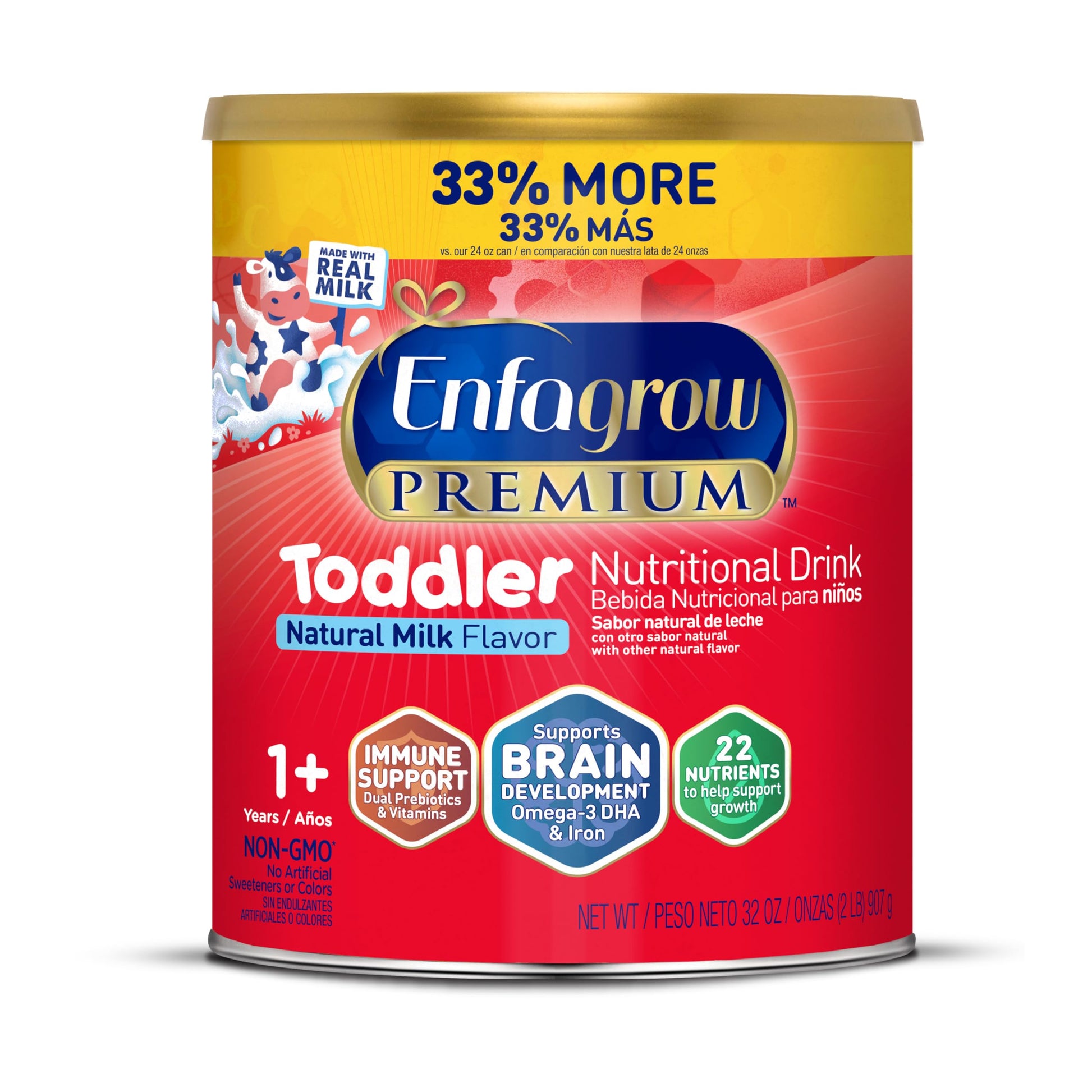 Enfagrow enhanced Toddler Nutritional Drink, Made with Real Milk, Brain-Building Omega-3 DHA, Nutrients and Prebiotics for Growth & Immune Support, Non-GMO, Toddler Milk Powder, 32 Oz Can