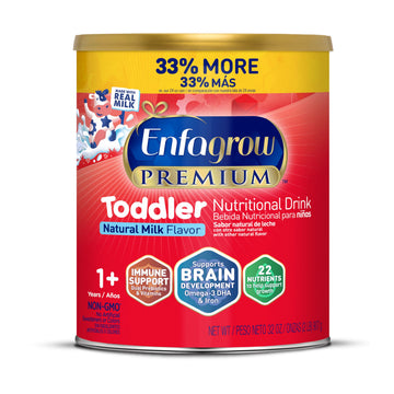 Enfagrow enhanced Toddler Nutritional Drink, Made with Real Milk, Brain-Building Omega-3 DHA, Nutrients and Prebiotics for Growth & Immune Support, Non-GMO, Toddler Milk Powder, 32 Oz Can