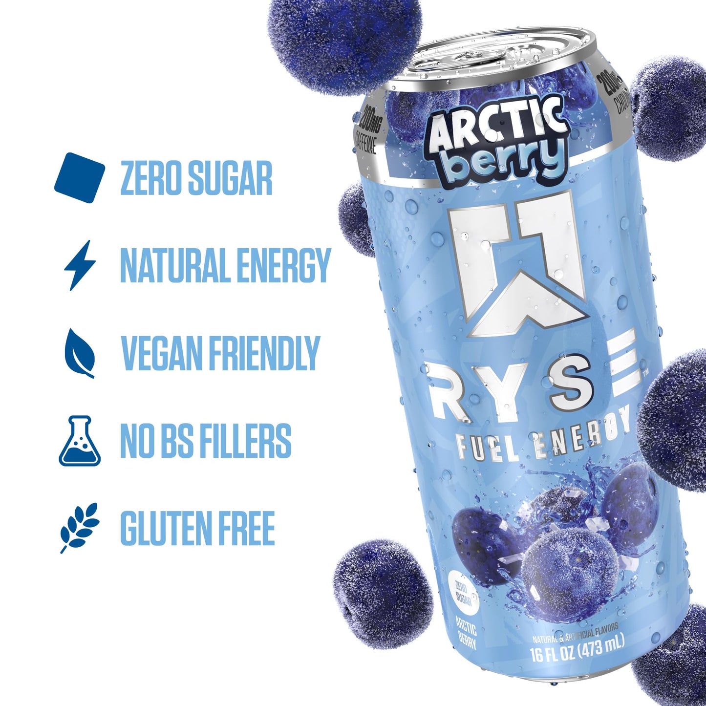 RYSE Fuel Energy Drink - Arctic Berry - Sugar Free, Vegan - 200mg Caffeine - 16 fl oz Cans (12-Pack)