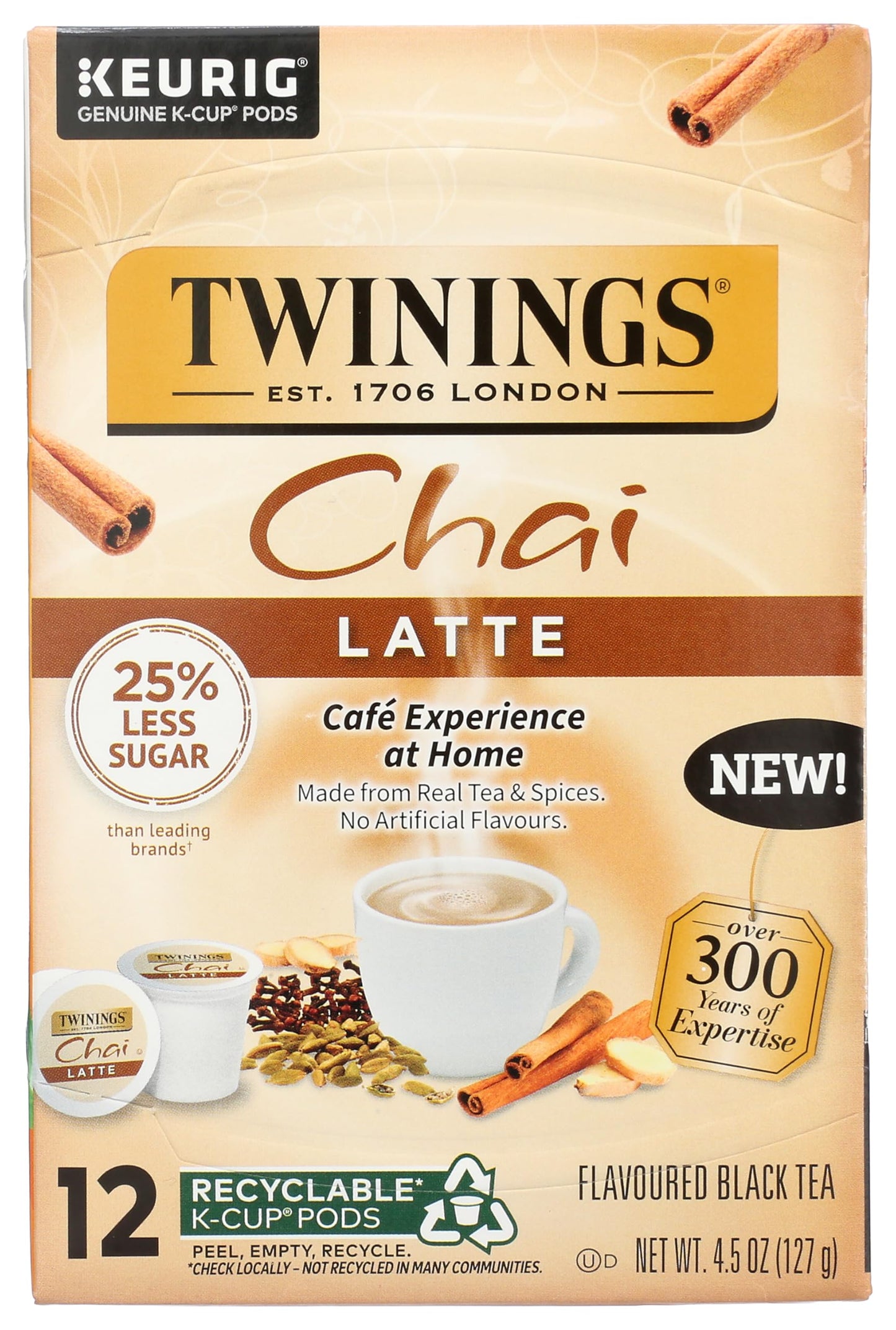 Twinings Chai Latte Tea K-Cup Pod for Keurig, Creamy, Slightly Sweet, Less Sugar, Caffeinated, 12 Count