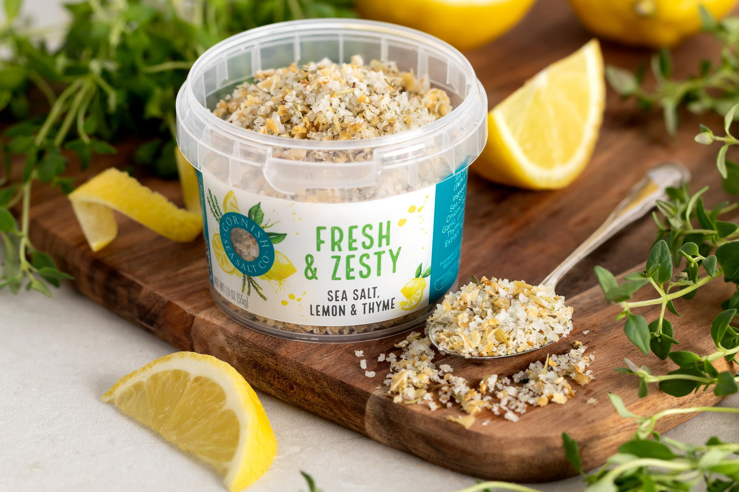Cornish Sea Salt Fresh & Zesty Seasoning| Sea Salt Flakes W. Lemon & Thyme | Hand-Harvested In Cornwall, England | 1.9 Oz Resealable Tub (Pack Of 1)