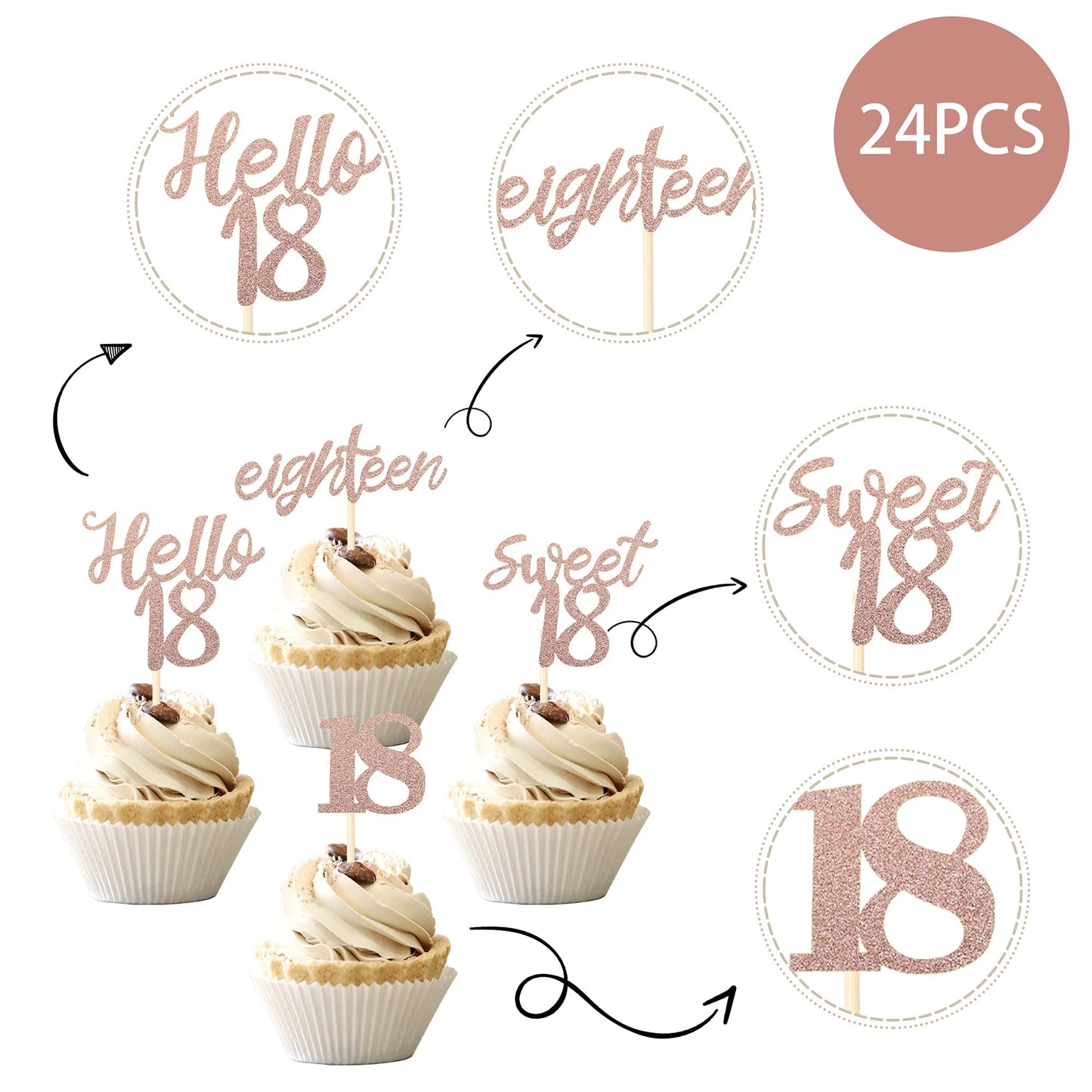 24 Pcs 18Th Birthday Cupcake Toppers Sweet 18 Hello 18 Eighteen Cupcake Picks 18Th Birthday Cake Decorations Supplies Rose Gold