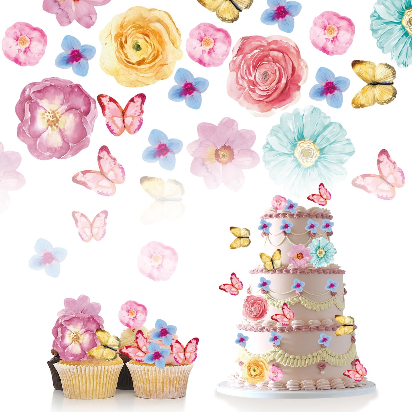 102Pcs Edible Flowers and Butterfly Cake Topper Cupcake Wafer Paper Wedding Themed Party Kids Wedding Girl Women Party Birthday 