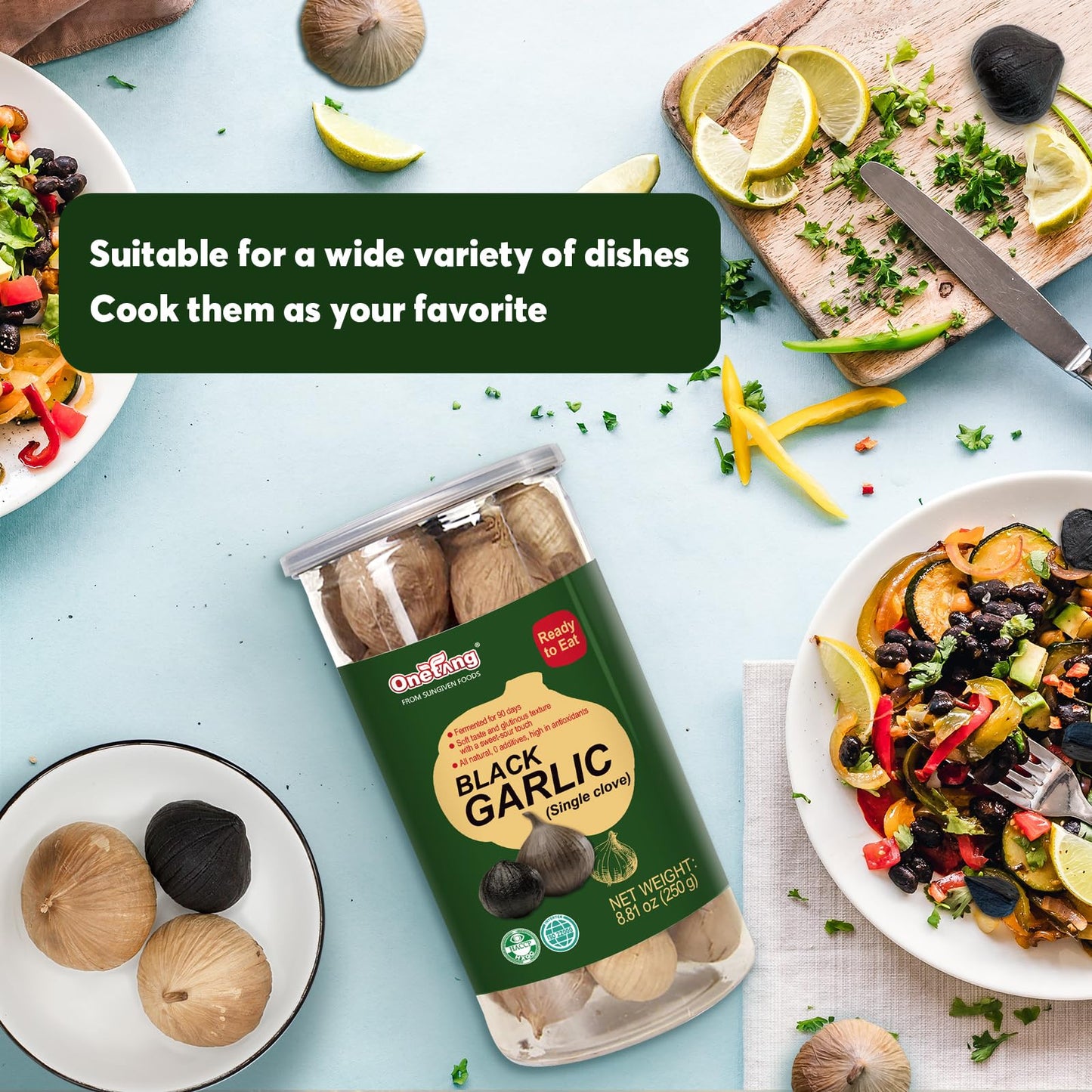 Onetang Black Garlic 250G, Whole Black Garlic Fermented For 90 Days, 0 Additives, High In Antioxidants 8.81 Oz(Pack Of 2)