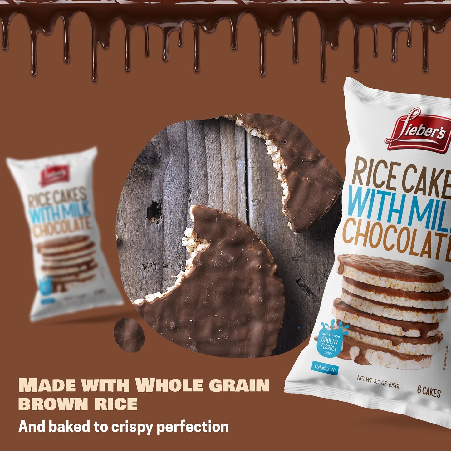 Liebers Milk Chocolate Rice Cakes, Kosher Certified Dairy, Gluten Free Snack (Pack Of 6) (Milk Chocolate)