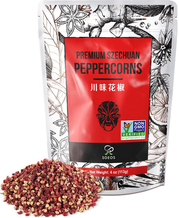 Soeos Sichuan Peppercorns, 4 Ounce(113g), Authentic Szechuan Red Peppercorn, Numbing and Tingle Effect, Less Seeds, Strong Flavo