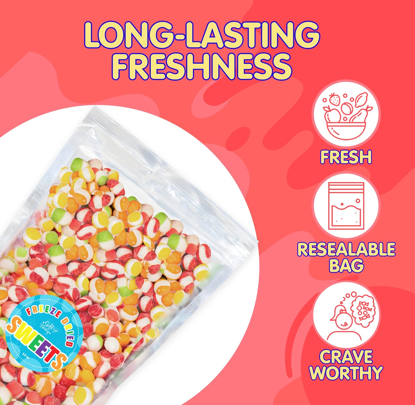 Freeze Dried Candy Gourmet Crunch Candies 12Oz Bag Pouch Assorted Cherry Strawberry Lemon Lime Orange Original Rainbow Fruity Fl