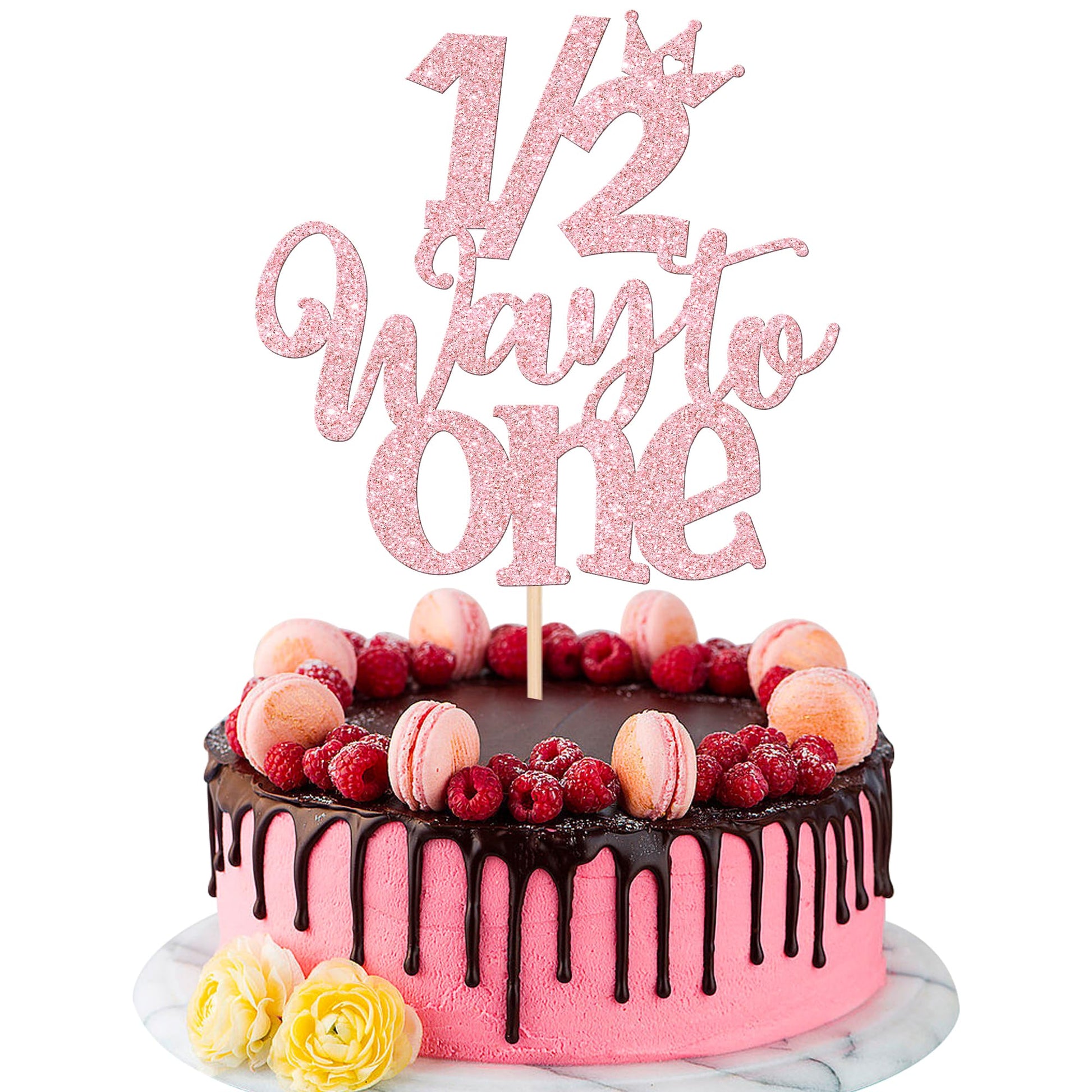 Zhuoweism Half Way To One Cake Topper, 1 Pcs Light Pink Glitter Cake Pick For Happy 6 Months Birthday Party Decorations, 5.3X8.7