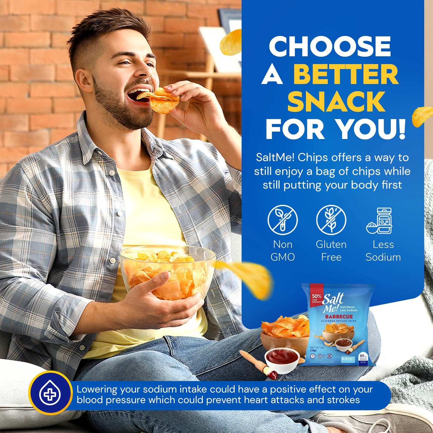 Saltme! Barbecue Better For You Potato Chips - 24Ct 1Oz Bags - 50% Less Sodium, Kosher, Healthier Snack Pack- Best Full Flavor, Non-Gmo, Gluten Free - Less Sodium, Same Flavor.