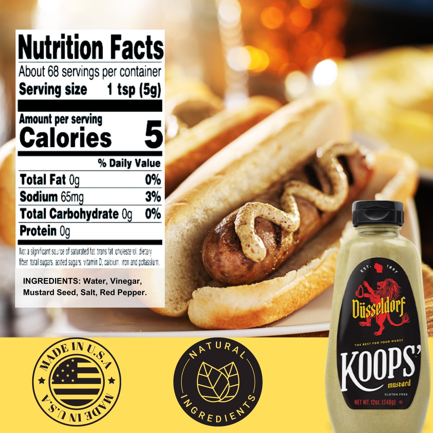 KOOPS Dusseldorf Mustard - German-Style Bratwurst Mustard, Gluten-Free, Kosher, 12 Oz, Pack of 4