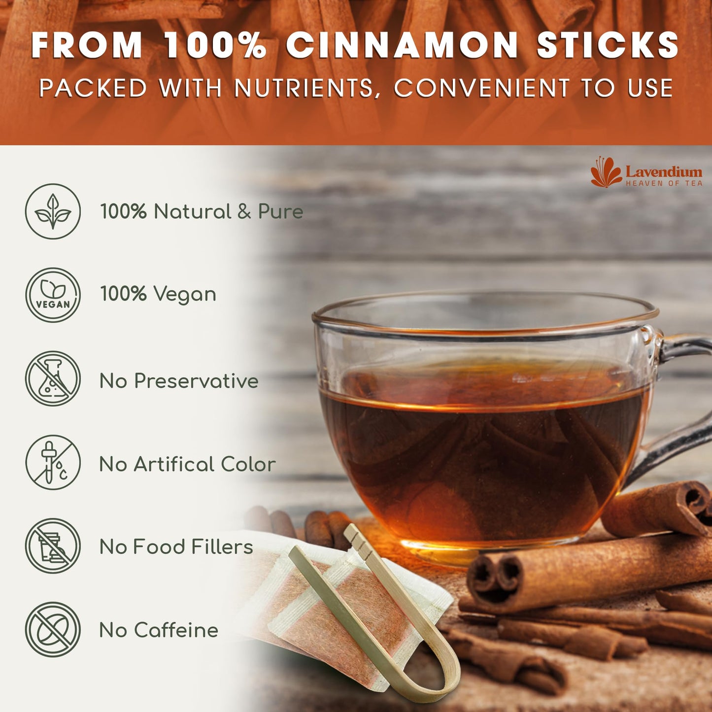 Lavendium Pure Cinnamon Tea Bags, 100% Natural, Herbal, Caffeine-Free, Vegan, 30 Count