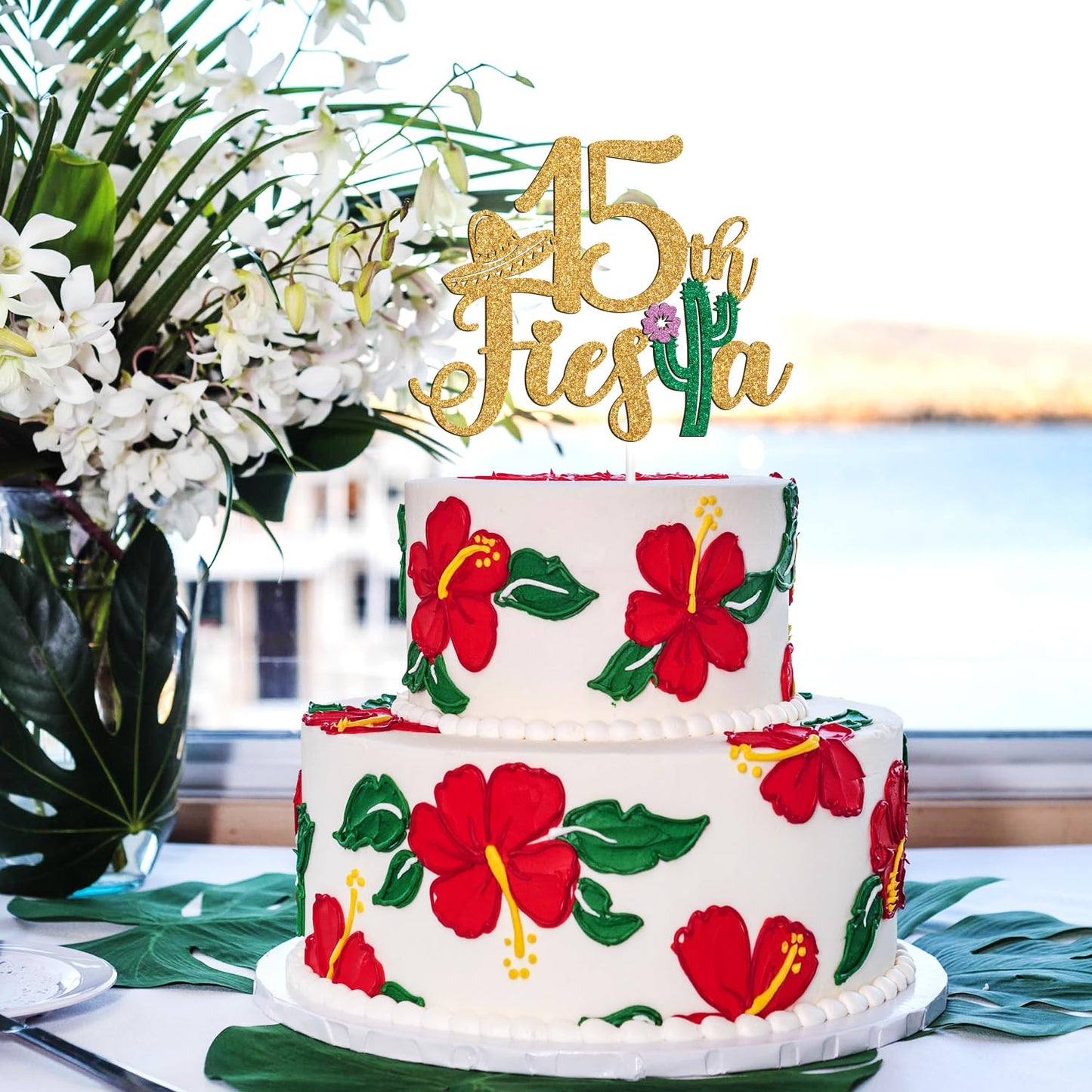 Tivurcia Cake Topper, Fiesta 15th Birthday Decor, Gold Tropical Theme, Happy 16th Anniversary Party Decoration Supplies