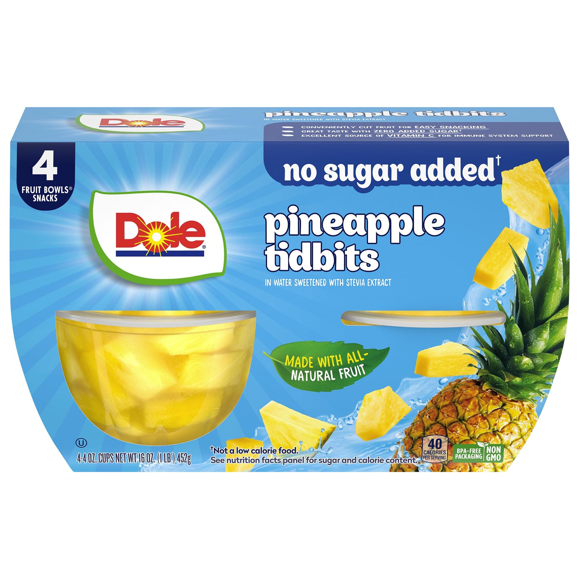 Dole Pineapple Tidbits with No Sugar Added - Dole Fruit Bowls Snacks - 4 oz Fruit Bowls - 4 Pack