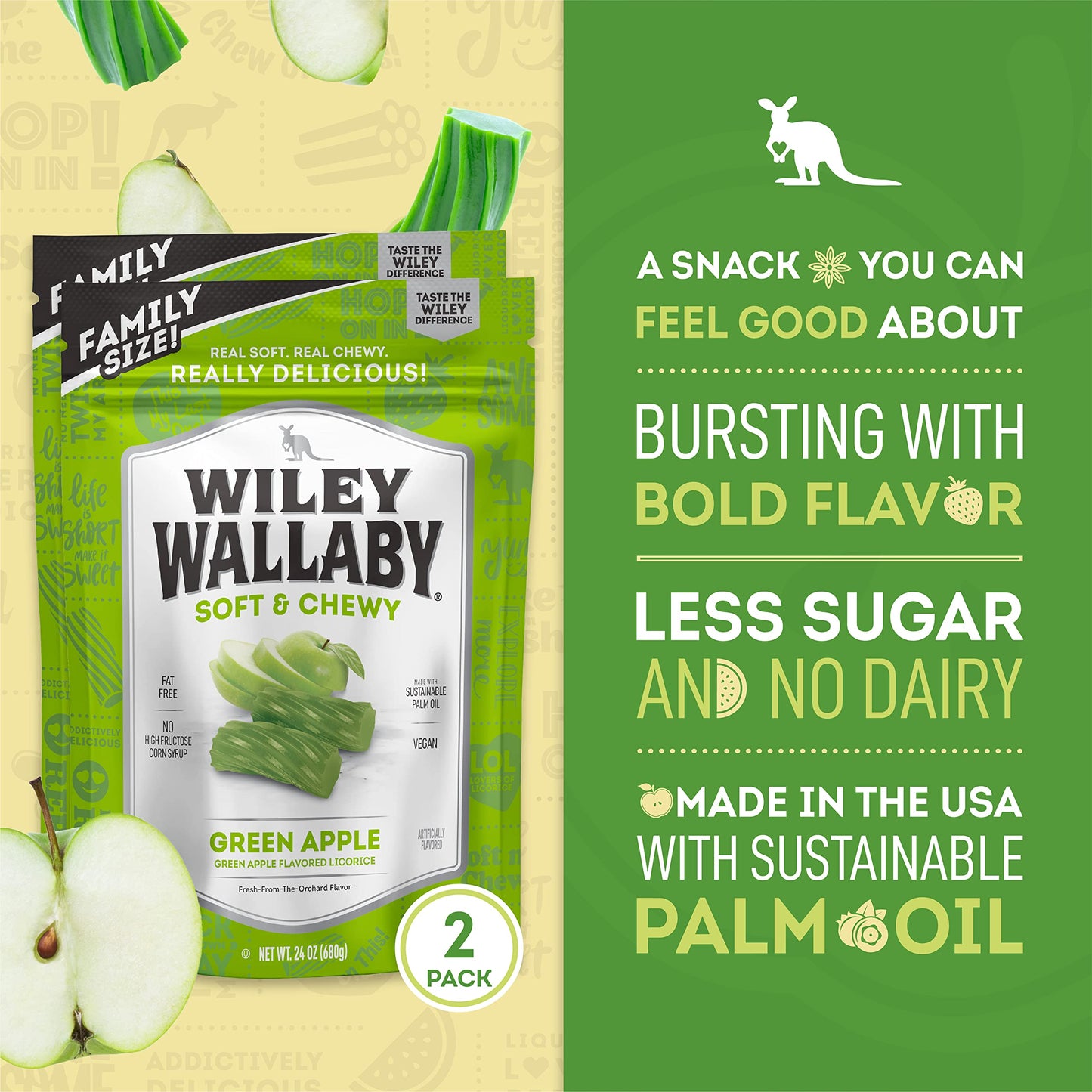 Wiley Wallaby Licorice 24 Ounce Classic Gourmet Soft & Chewy Australian Green Apple Licorice Candy Twists, 2 Pack