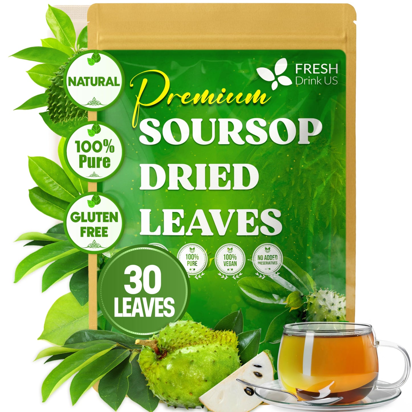 Freshdrinkus  Top-Grade 30+ Soursop Graviola Dried Leaves  Natural Whole Soursop Leaves  Wildcrafted  Hoja Guanabana  Loose Leaf Herbal Tea  No Gluten  Vegan