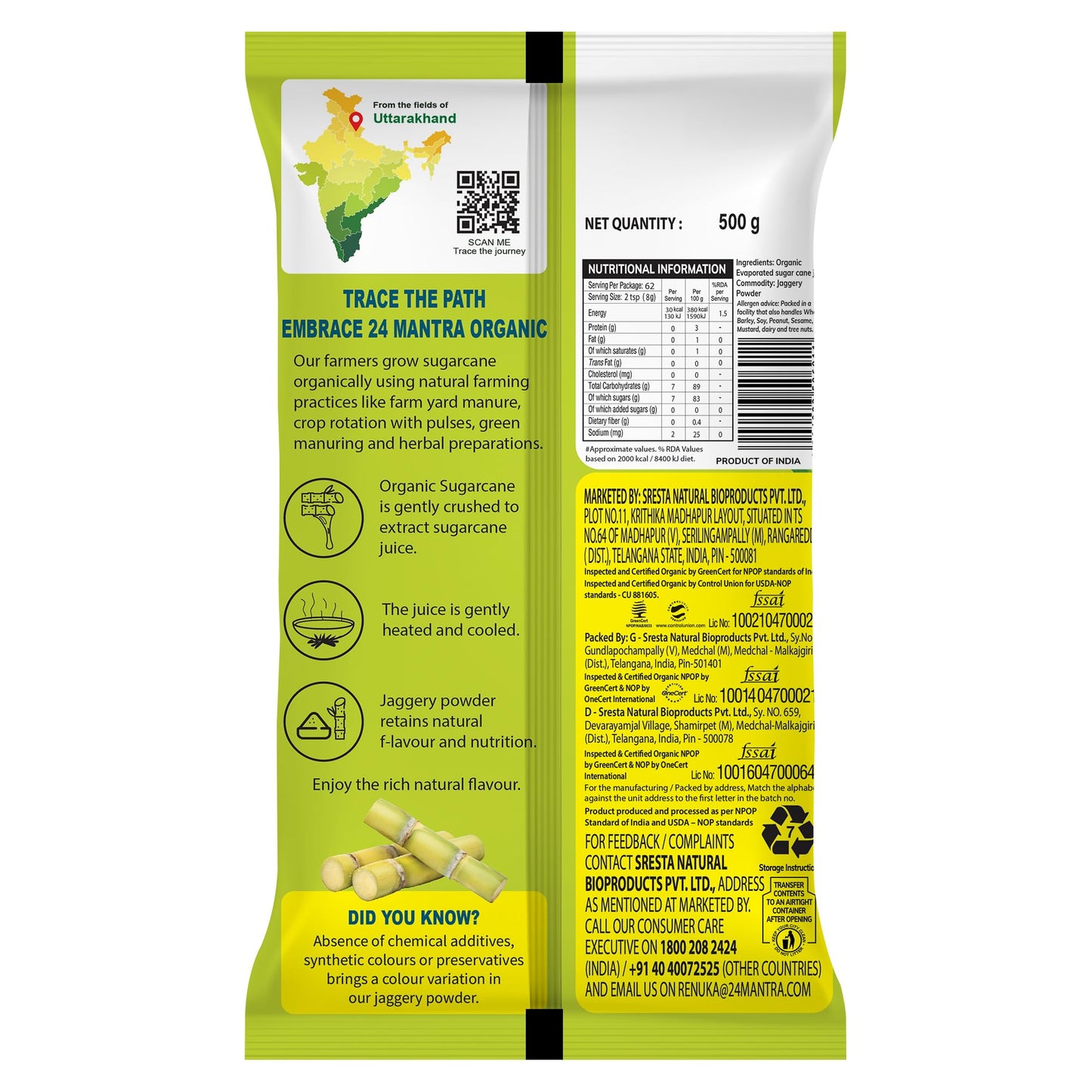 24 Mantra Organic Unbleached Jaggery Powder 500 Gms, Healthy Sugar Substitute, Unrefined & Unadulterated | Certified Organic & C