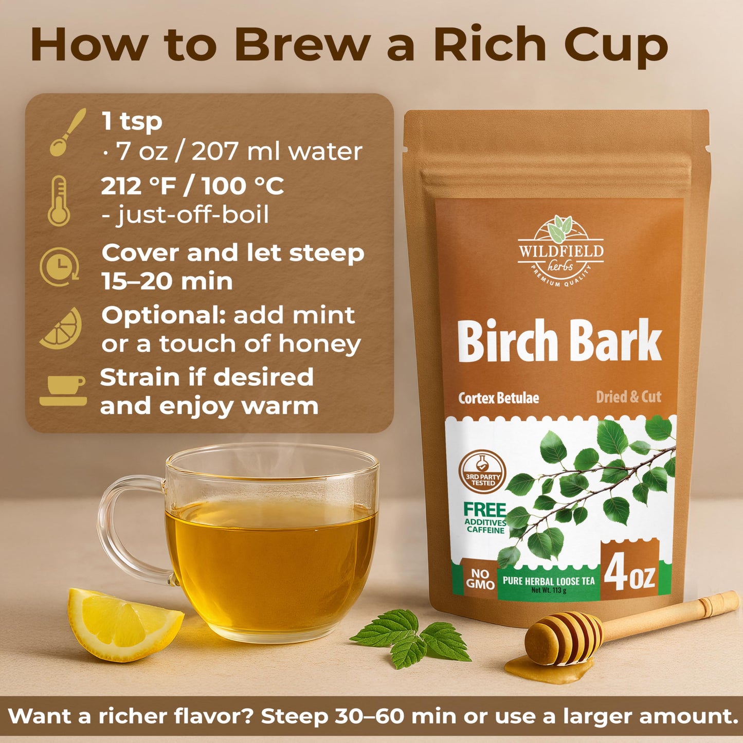 WILDFIELD HERBS Birch Bark Herbal Tea - 4 oz Dried Birch Bark Tea, Betulae Gemmae