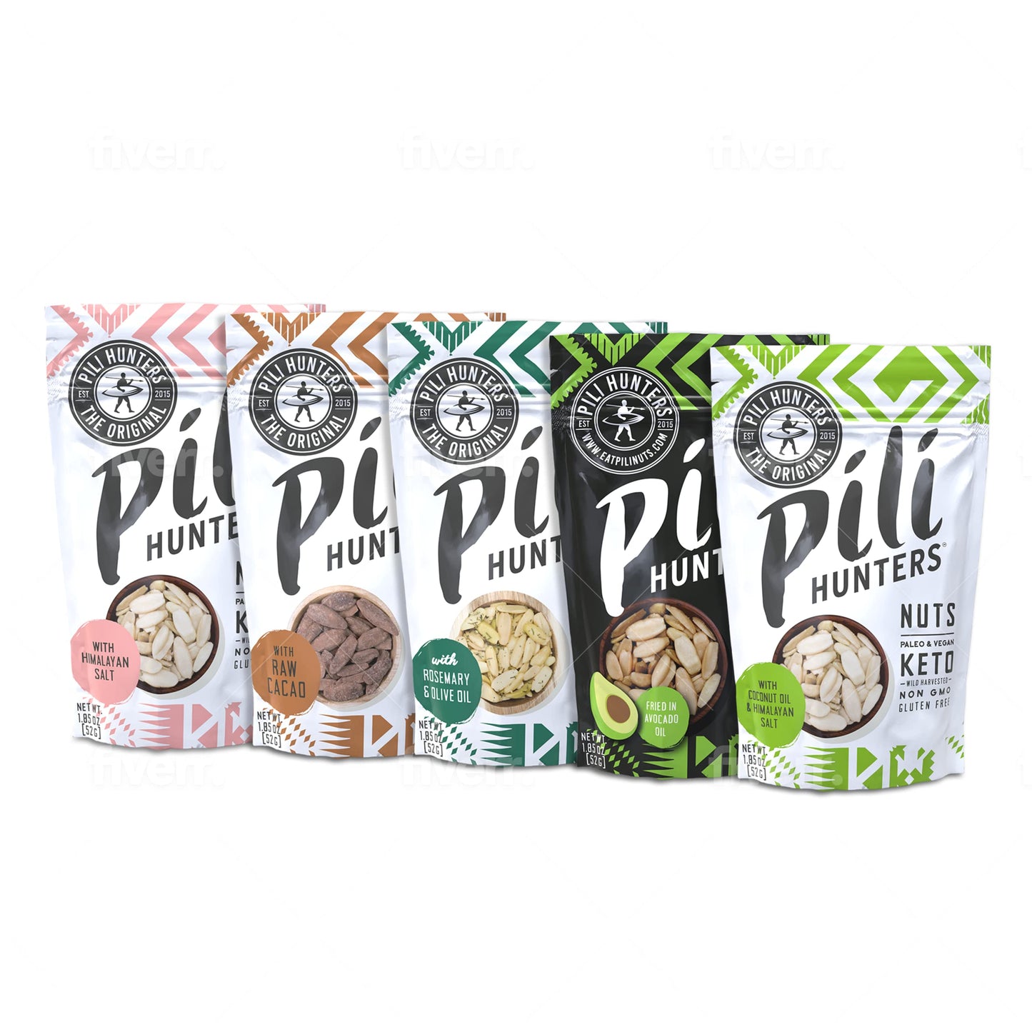 Pili Hunters - Wild Sprouted Pili Nuts (Pack Of 5  1.85 Oz Bags) Variety Flavors (Pink Himalayan Salt  Raw Cacao  Rosemary  Avocado Oil  Coconut Oil) Vegan  Keto  Paleo Snack For Low Carb Energy