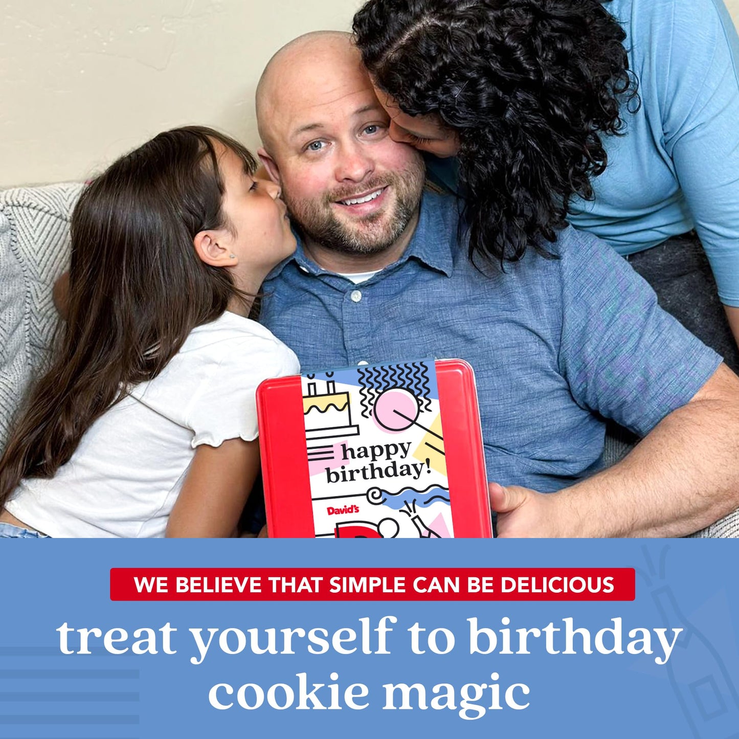 Davids Cookies Happy Birthday Chocolate Chunk Cookies Tin 2lbs - Handmade and Fresh Baked Gourmet Cookie Gift Basket - Delectable & Made with enhanced Ingredients - Ideal Birthday Food Gift For All