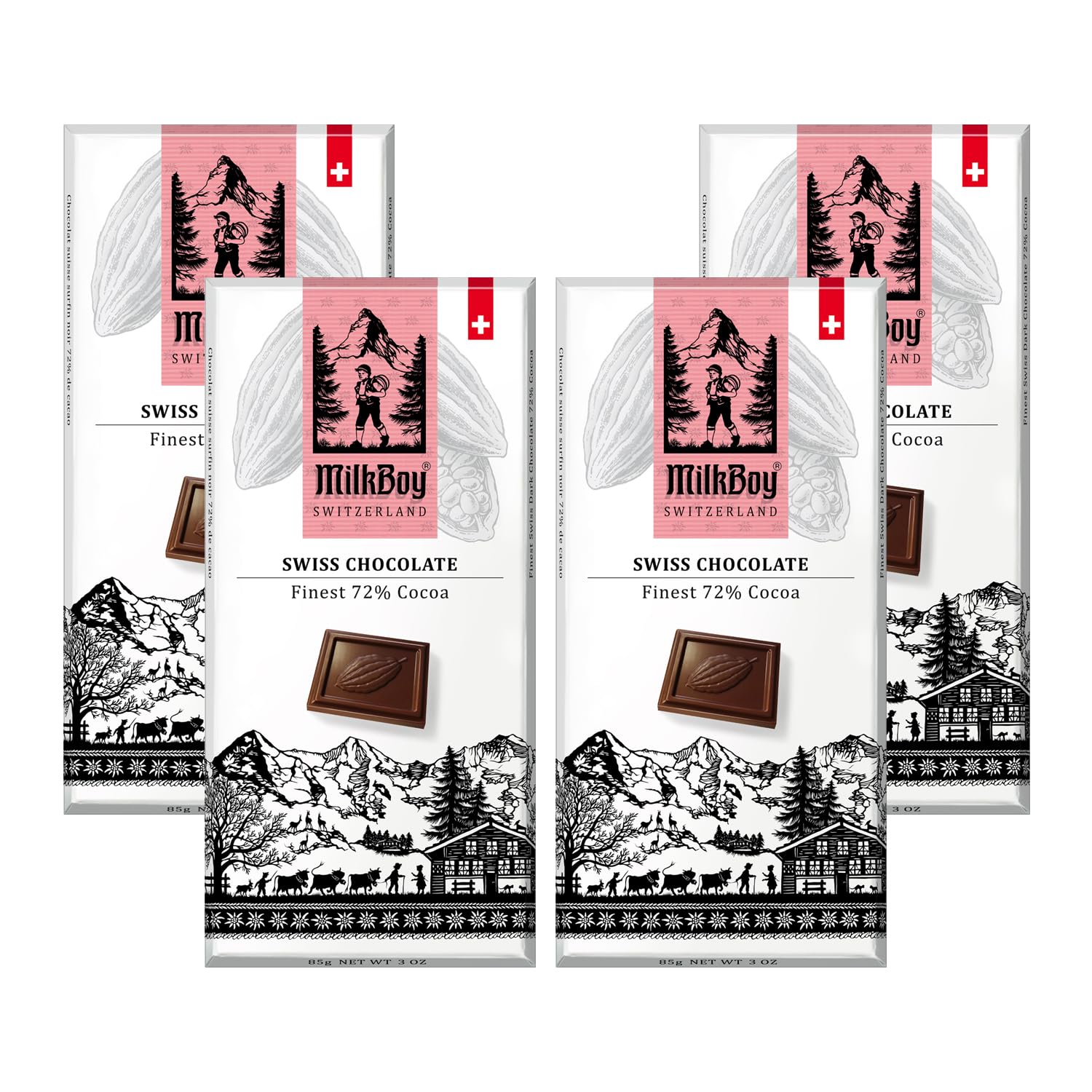 Milkboy Swiss Chocolates Dark Chocolates - 72% Cocoa  Made In Switzerland  Dairy Free  Vegan  Gluten-Free  Non-Gmo  Kosher  Sustainably Farmed  European Chocolate - 3 Oz  Pack 4