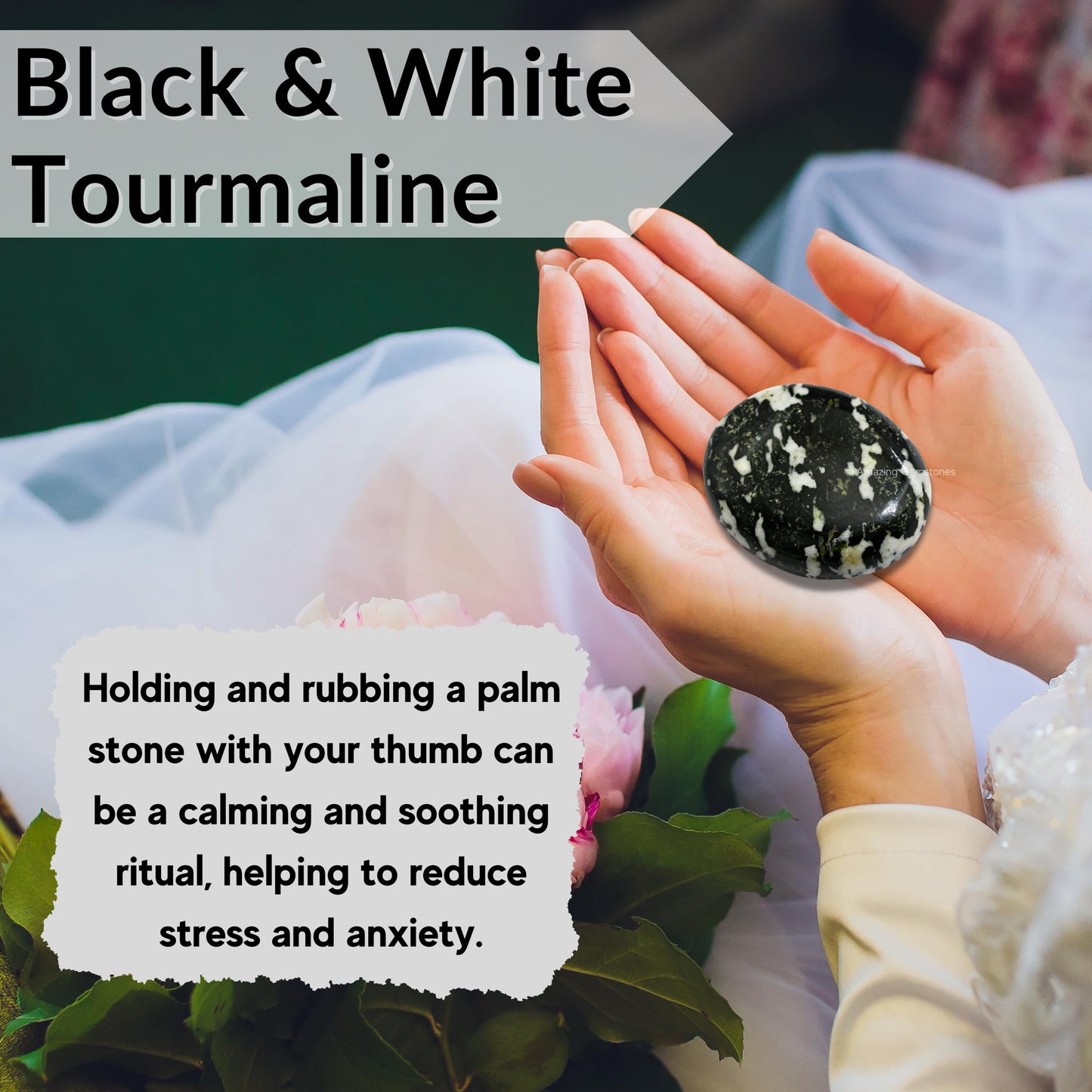 Black And White Tourmaline Palm Stone - Pocket Massage Worry Stone For Natural Body Chakra Balancing, Reiki Healing And Crystal