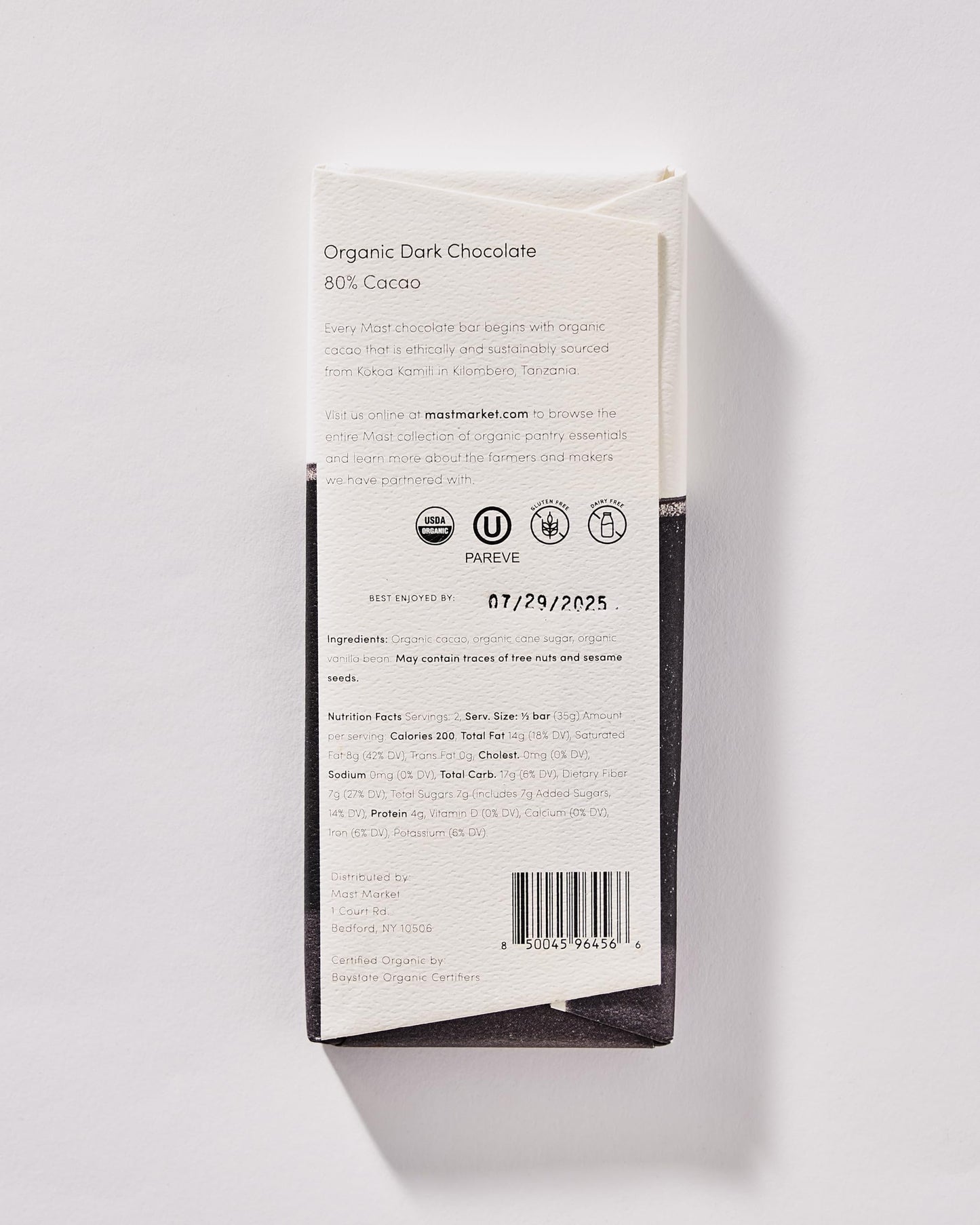 Mast Chocolate Bars | 6 Pack | Organic, Kosher | Classic 2.5Oz Each (6 Bars, Organic Dark Chocolate 80% Cacao)