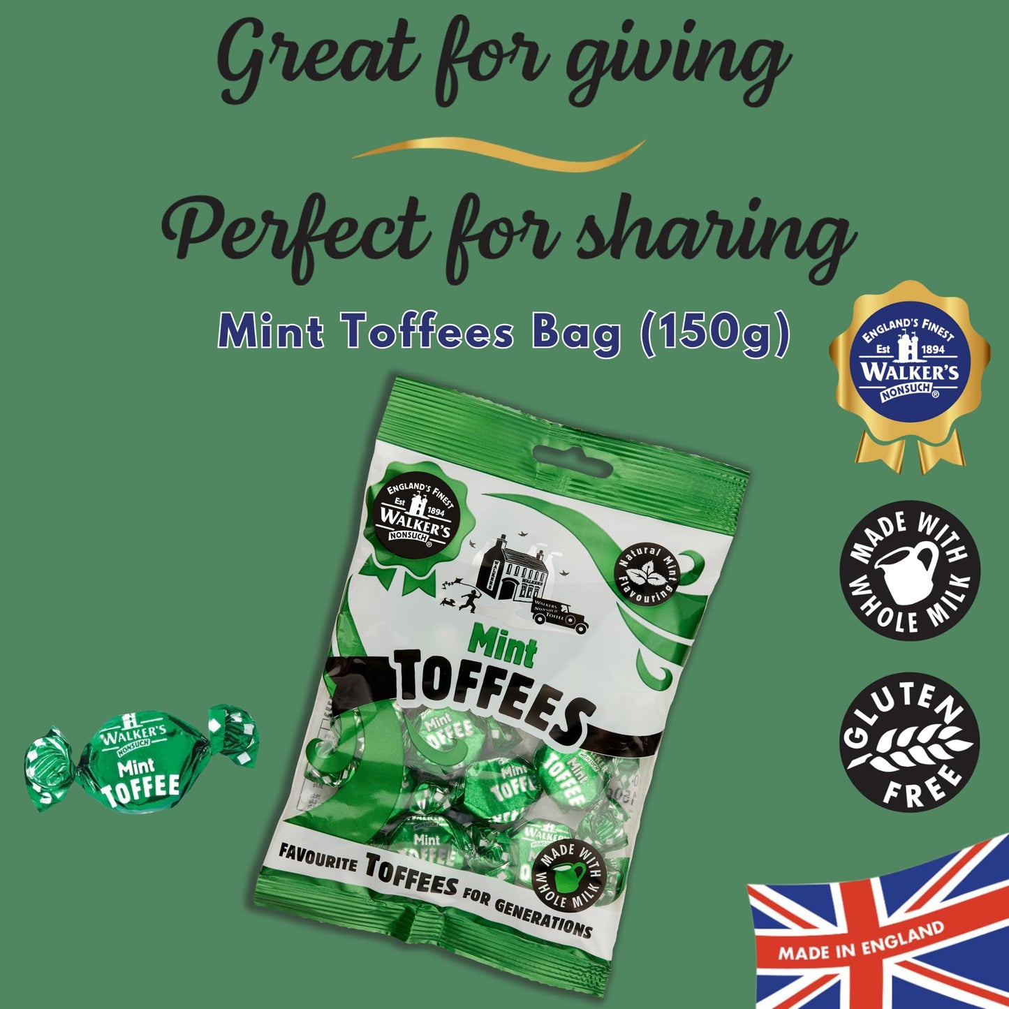 Walkers Nonsuch British Mint Toffee Candy 5.29 Oz (150G) - Natural Mint Flavor, Whole Milk Toffee, Individually Wrapped Chewy Candy Pack, Classic English Sweets, Imported Uk