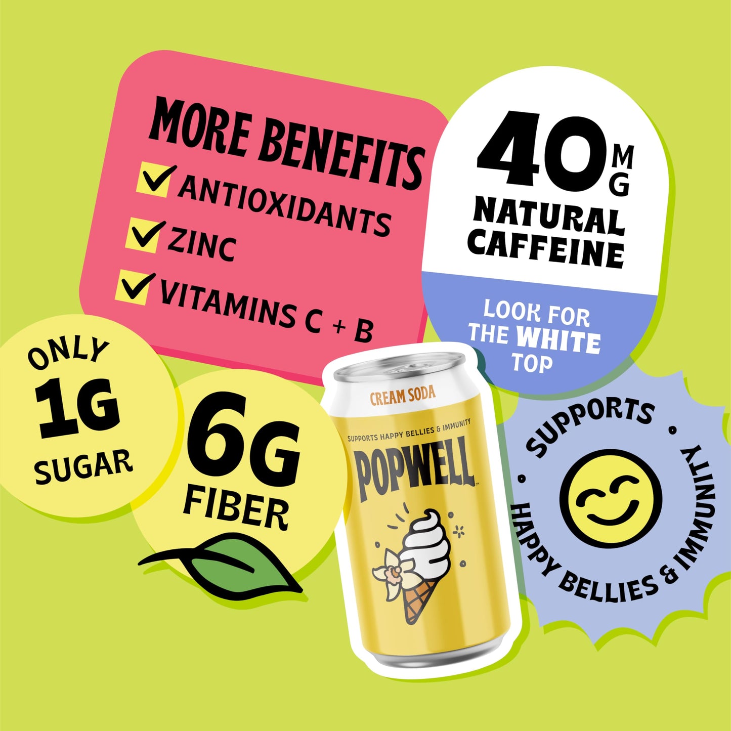 Popwell Cream Soda Prebiotic Beverage, 6g Fiber, 1g Sugar, 12 Fl Oz Cans (Pack of 12)