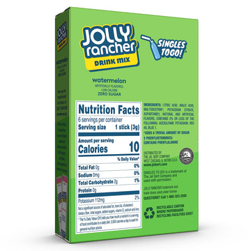 Jolly Rancher Singles To Go Powdered Drink Mix, Watermelon, 12 Boxes with 6 Packets Each - 72 Total Servings, Sugar-Free Drink P
