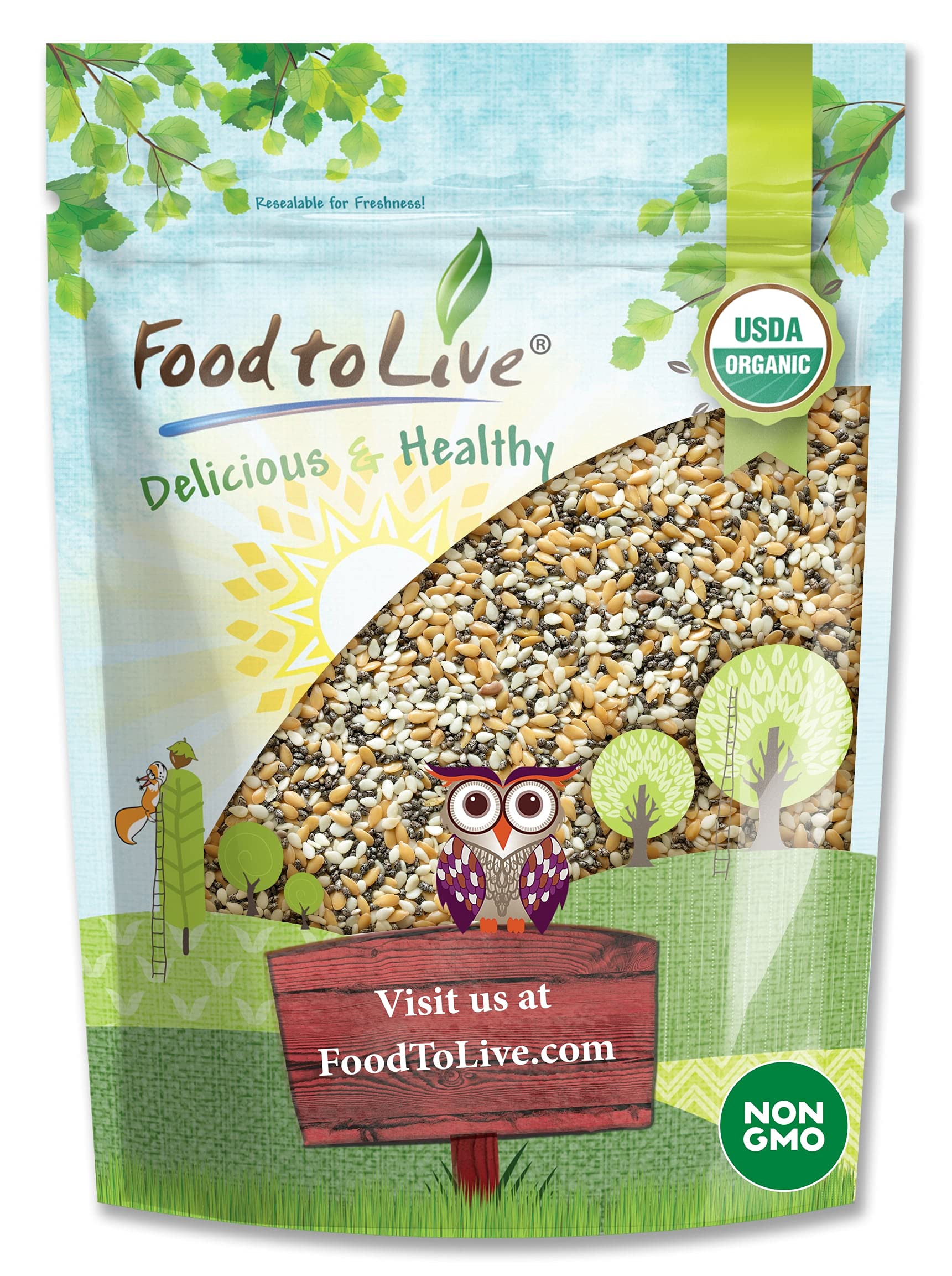 Food to Live Organic Omega-3 Seeds Mix with Flax, Chia and Sesame, 2.5 Pounds Non-GMO Whole Seeds, Raw, Kosher, Vegan. Rich in O