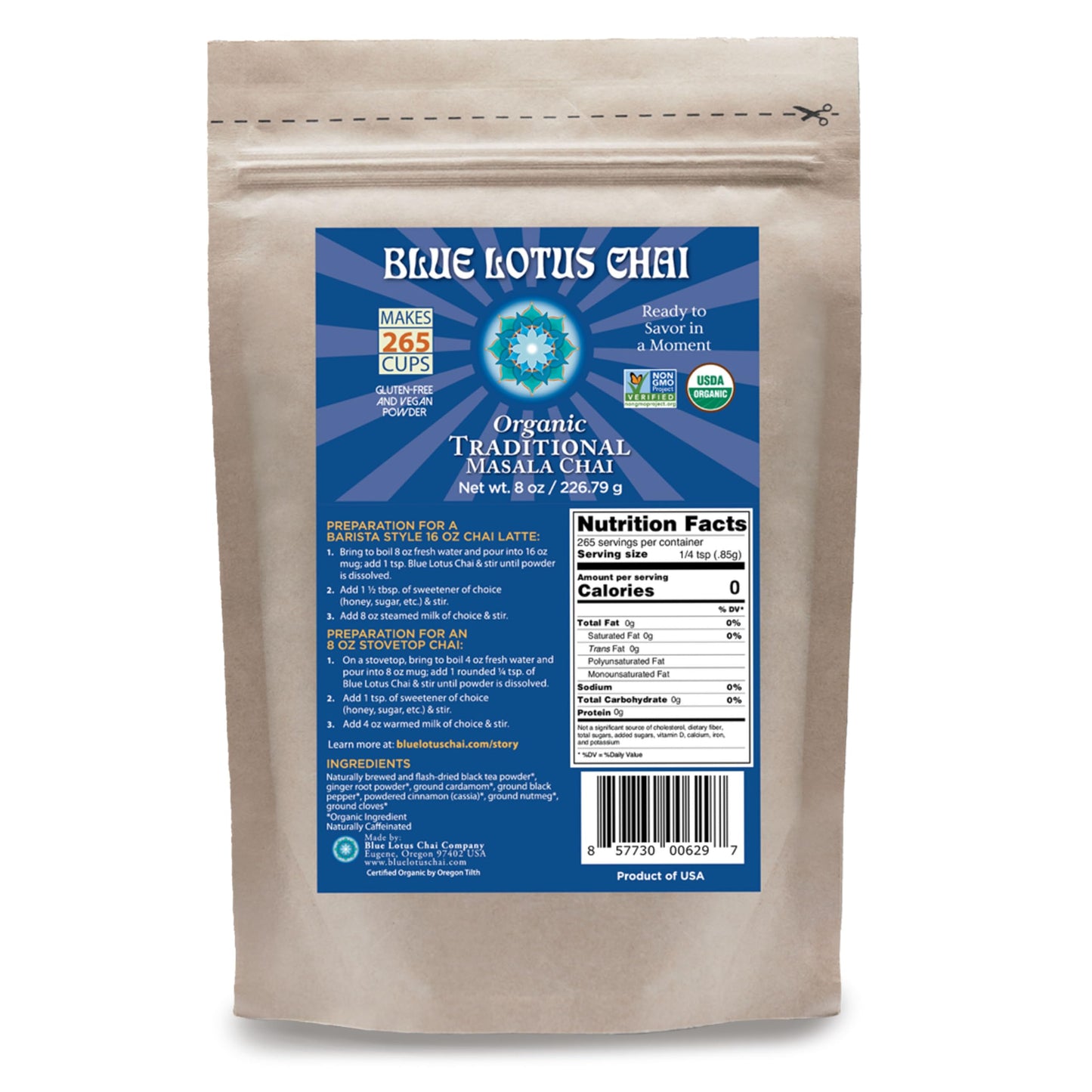 Blue Lotus Chai - Fully Organic Traditional Masala Chai - Makes 265 Cups - Just Add Hot Water, No Steeping, No Gluten - 8 Ounce 