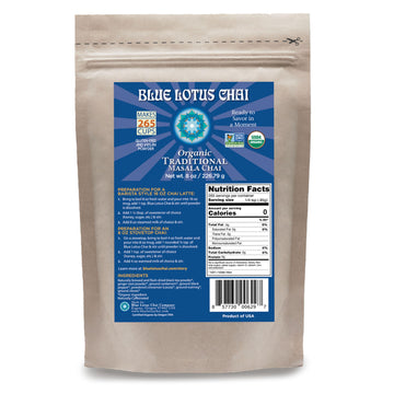 Blue Lotus Chai - Fully Organic Traditional Masala Chai - Makes 265 Cups - Just Add Hot Water, No Steeping, No Gluten - 8 Ounce 