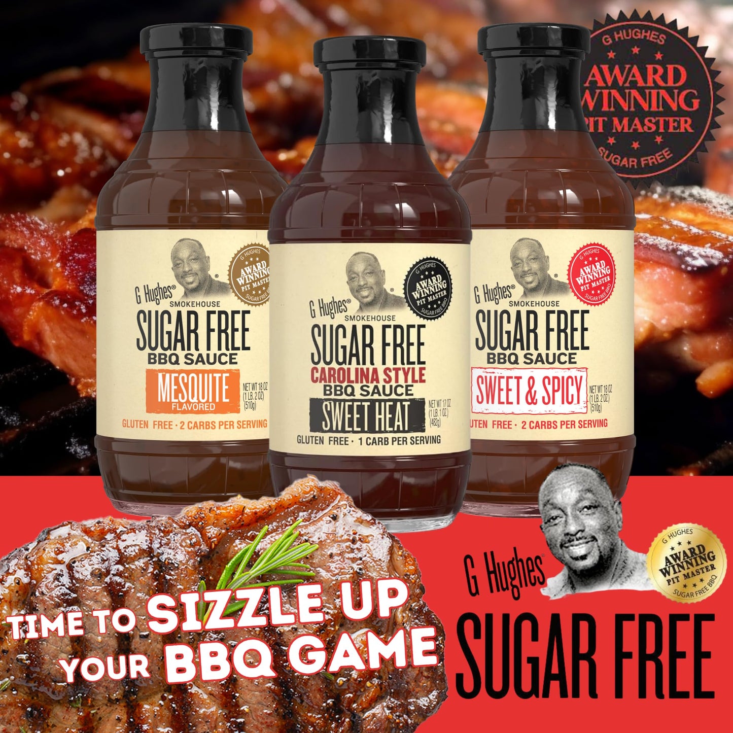 G Hughes Sugar Free Mesquite, Sweet Heat, Sweet & Spicy BBQ Sauce Variety Pack - Gluten Free Sauces, Sugar Free BBQ Sauces - 18