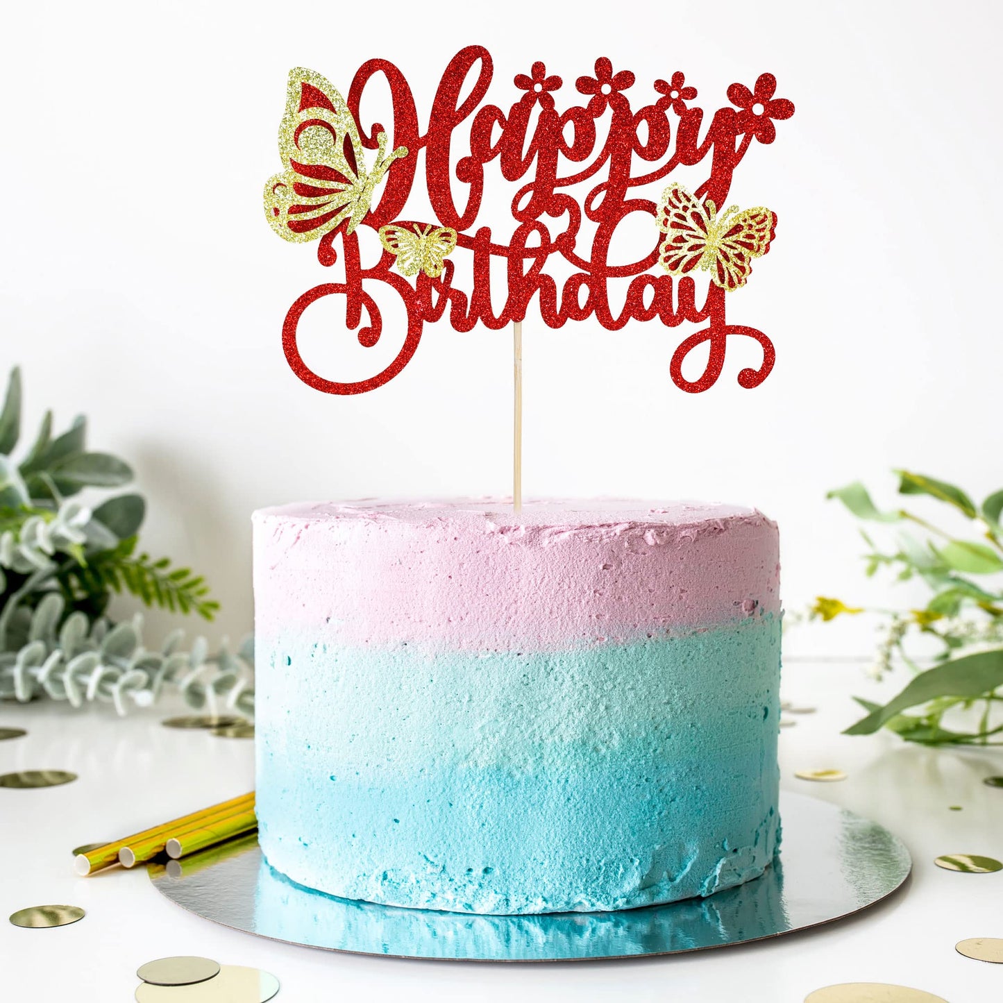 Gyufise 1Pcs Butterfly Cupcake Toppers Glitter Assembled 3D Butterly Happy Birthday Cake Topper Hollow Butterfly Cake Decoration