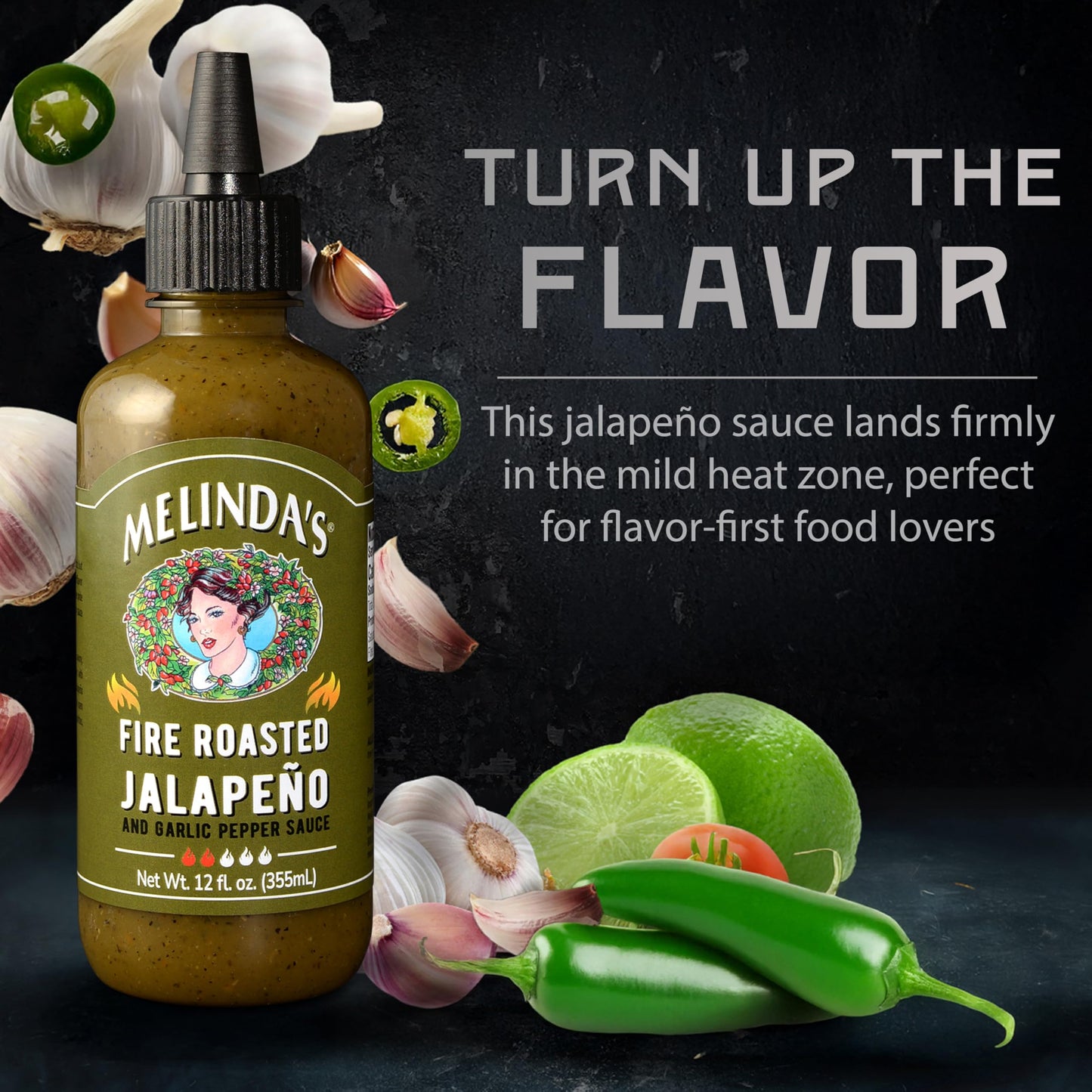 Melindas Fire Roasted Jalapeo Hot Sauce with Aromatic Garlic - Gourmet Green Pepper Sauce Perfect for Grilled Meats & Veggies  Tacos  Eggs & More - Mild Heat - Keto  Vegan  Non-GMO - 12oz