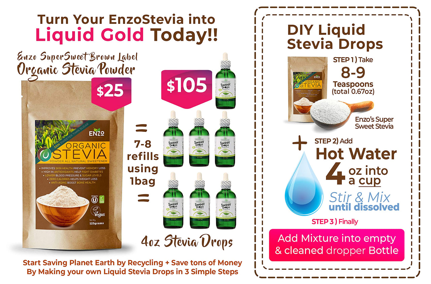 Enzo Organic Stevia Powder 125G (4.4Oz / 3125-Servings) - Enhanced Usda Certified All Natural Alternative-Sweetener 320X Sugar Free Non-Gmo 0 Calories Vegan No Aftertaste Kosher
