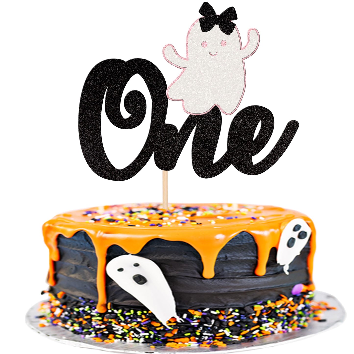 ZHUOWEISM Halloween Ghost Cake Topper - Black & Pink Glitter - Baby 1st Birthday Decoration Supplies