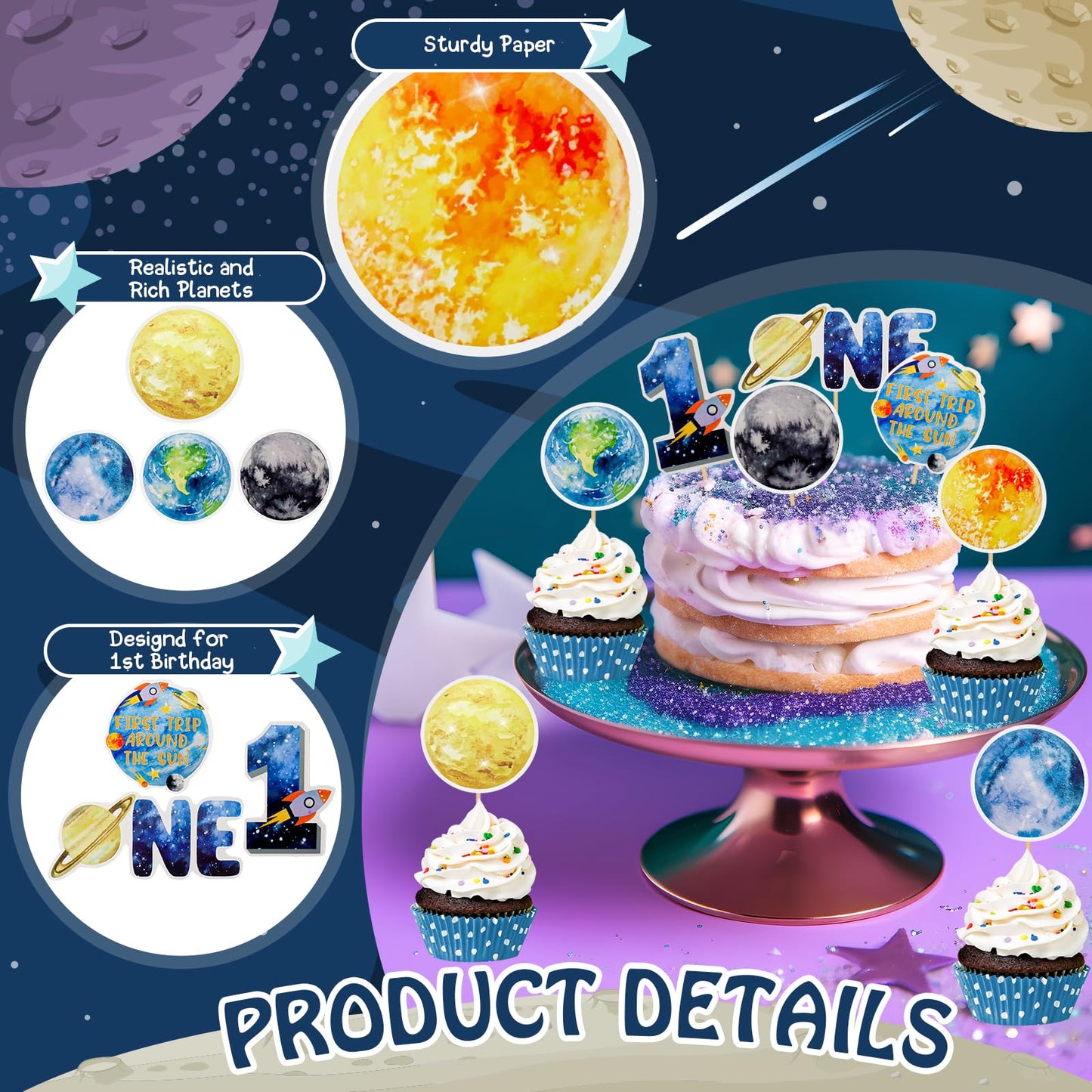 Weecnet 48Pcs First Trip Around The Sun Cake Topper 1St Birthday Party Decorations Space Cupcake Toppers Planets Solar System Th