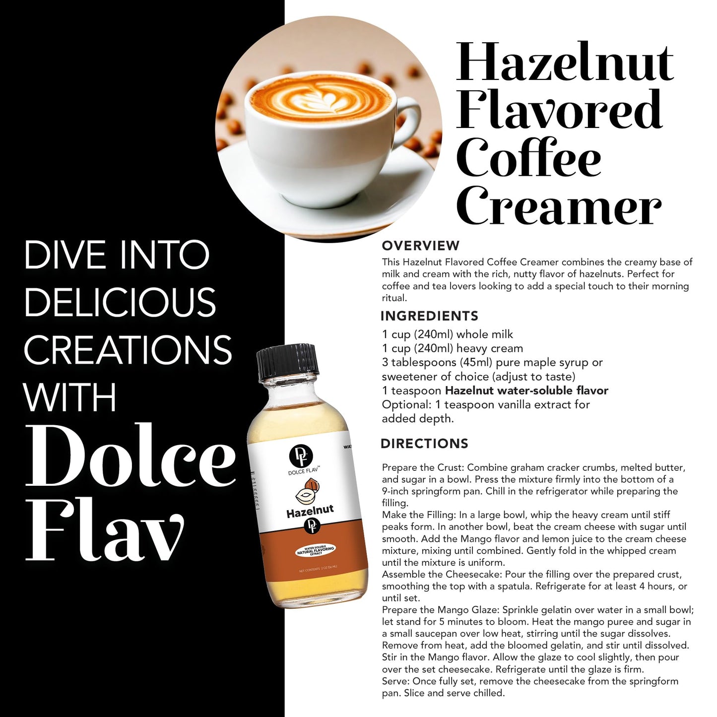 Dolce Flav Hazelnut Extract - Water-Soluble, Sugar-Free Flavoring for Coffee & Baking - 2 Oz.
