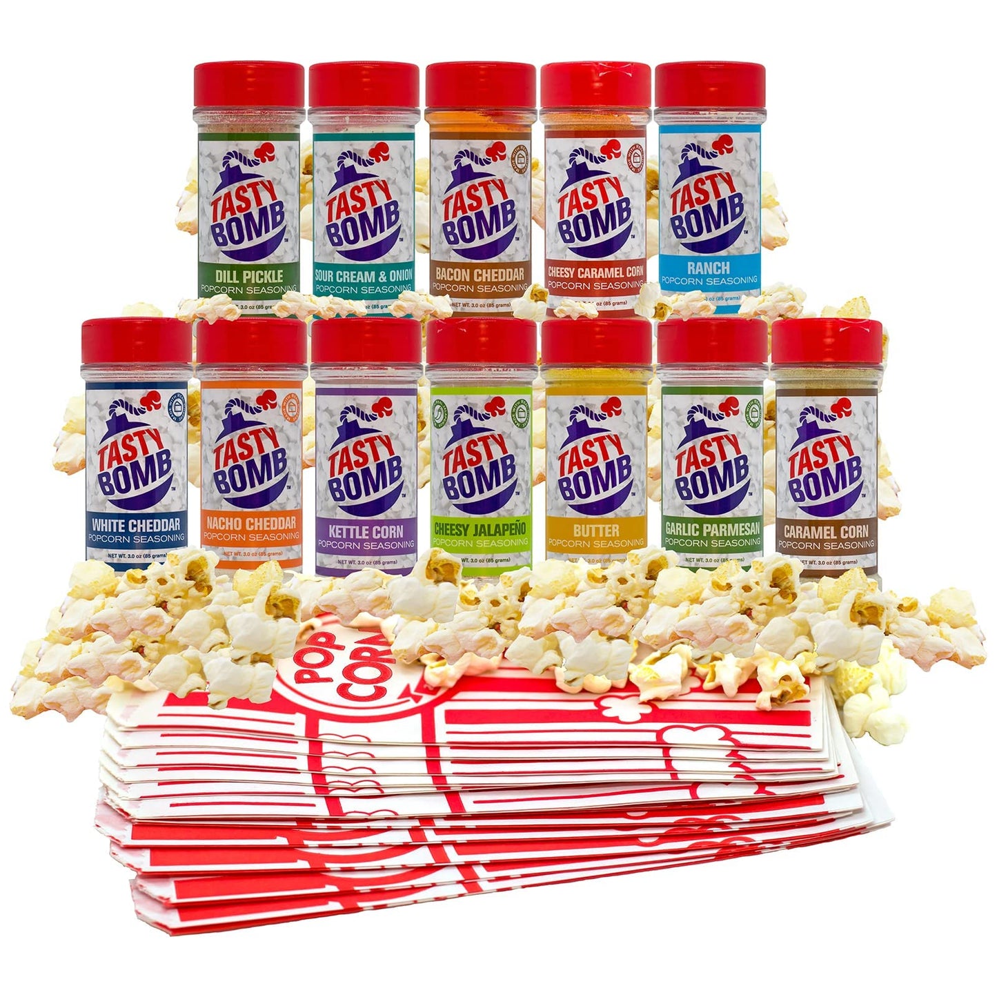 Tasty Bomb Flavorful Popcorn Seasoning Variety Pack – 12 Gluten-Free Seasonings for Movie Nights – 2.8-3 Oz.