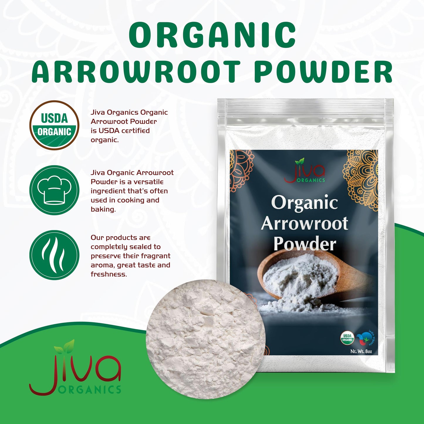 Jiva Organics Organic Arrowroot Flour (Powder) 8 Ounce Bag - Raw, Non-Gmo, Gluten Free